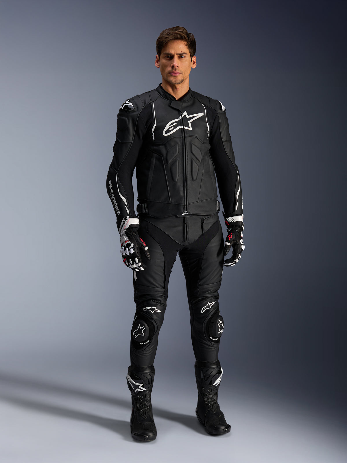 Alpinestars Dusk Leather Jacket, Black and White men's bovine leather motorcycle jacket for road racing and sport use.
