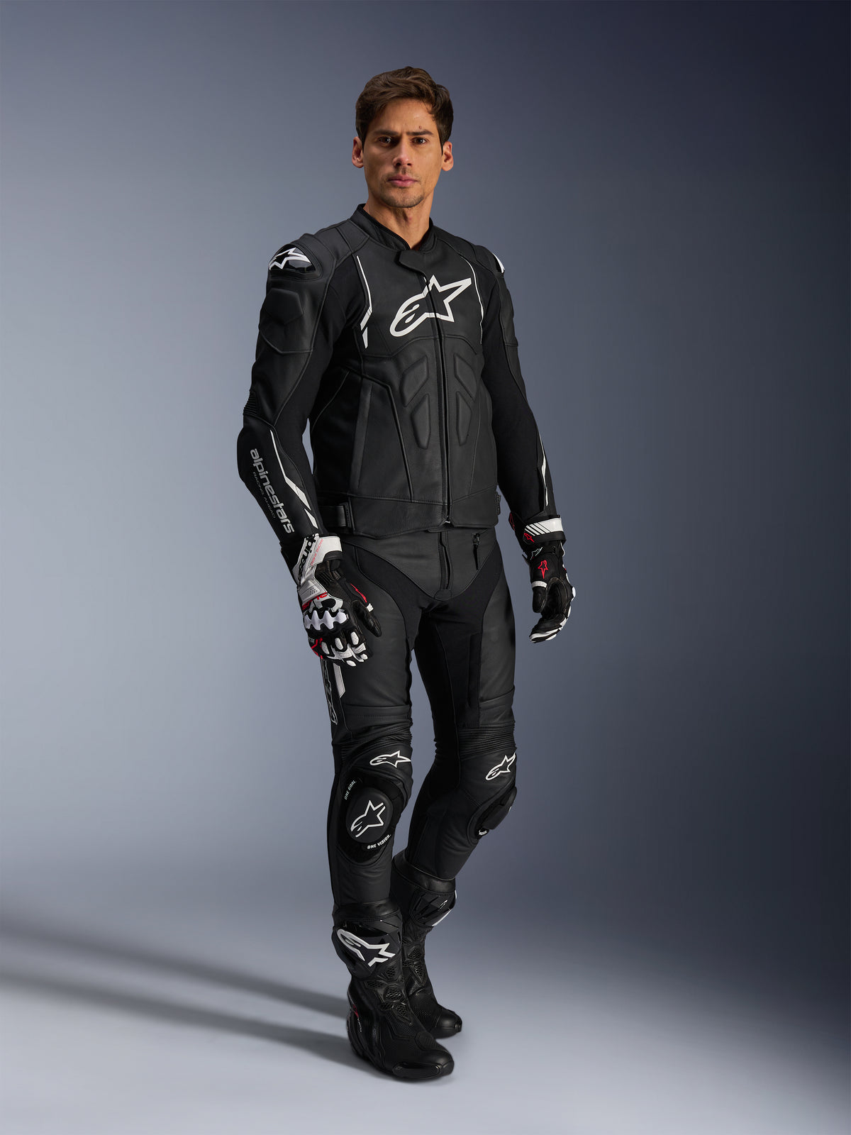 Alpinestars Dusk Leather Jacket in Black and White, a premium bovine leather motorcycle jacket for men with CE protection.