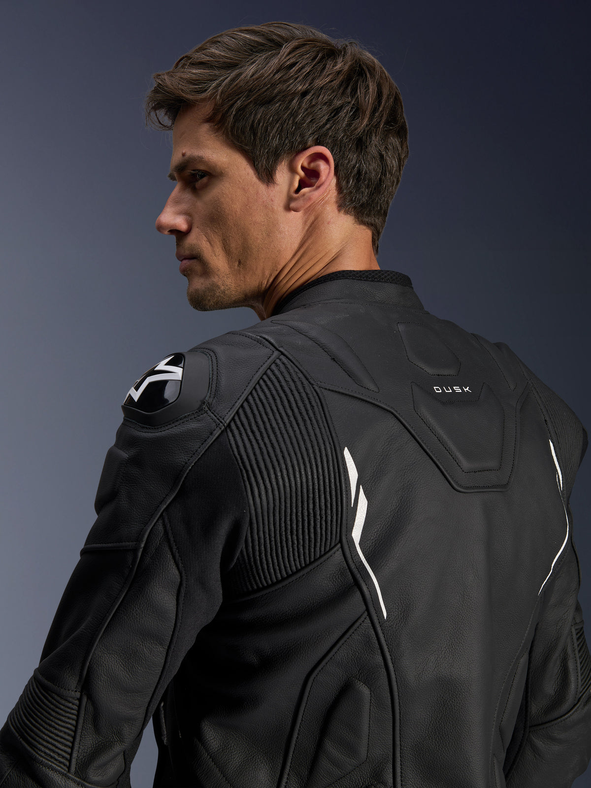 Alpinestars Dusk Leather Jacket, men's black and white bovine leather sport riding jacket with DFS shoulder armor.