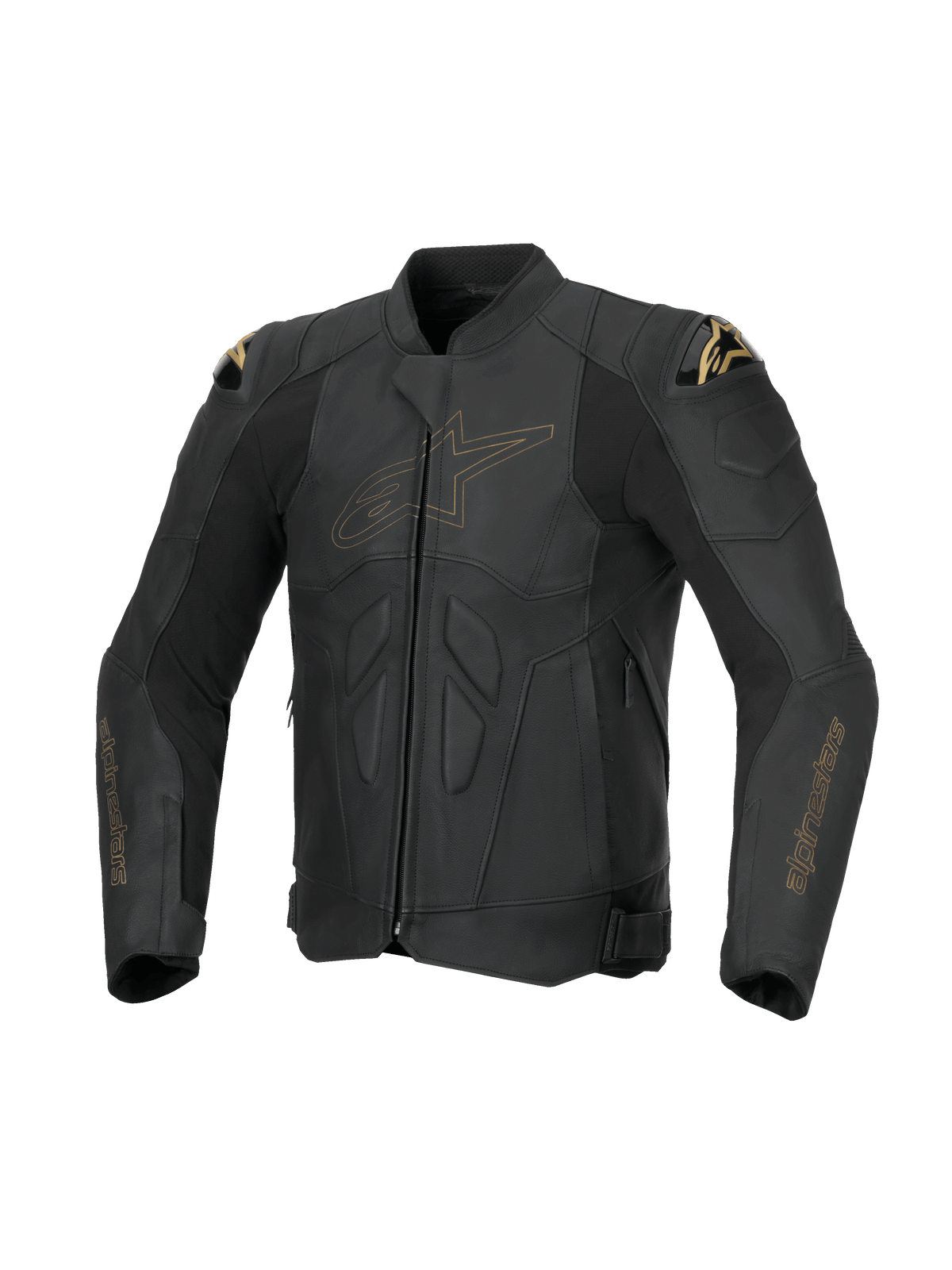 Alpinestars Dusk Læder Jakke, herre-racingmotorcykeljakke i sort bovint læder med guld-detaljer og DFS-skulderbeskyttelse