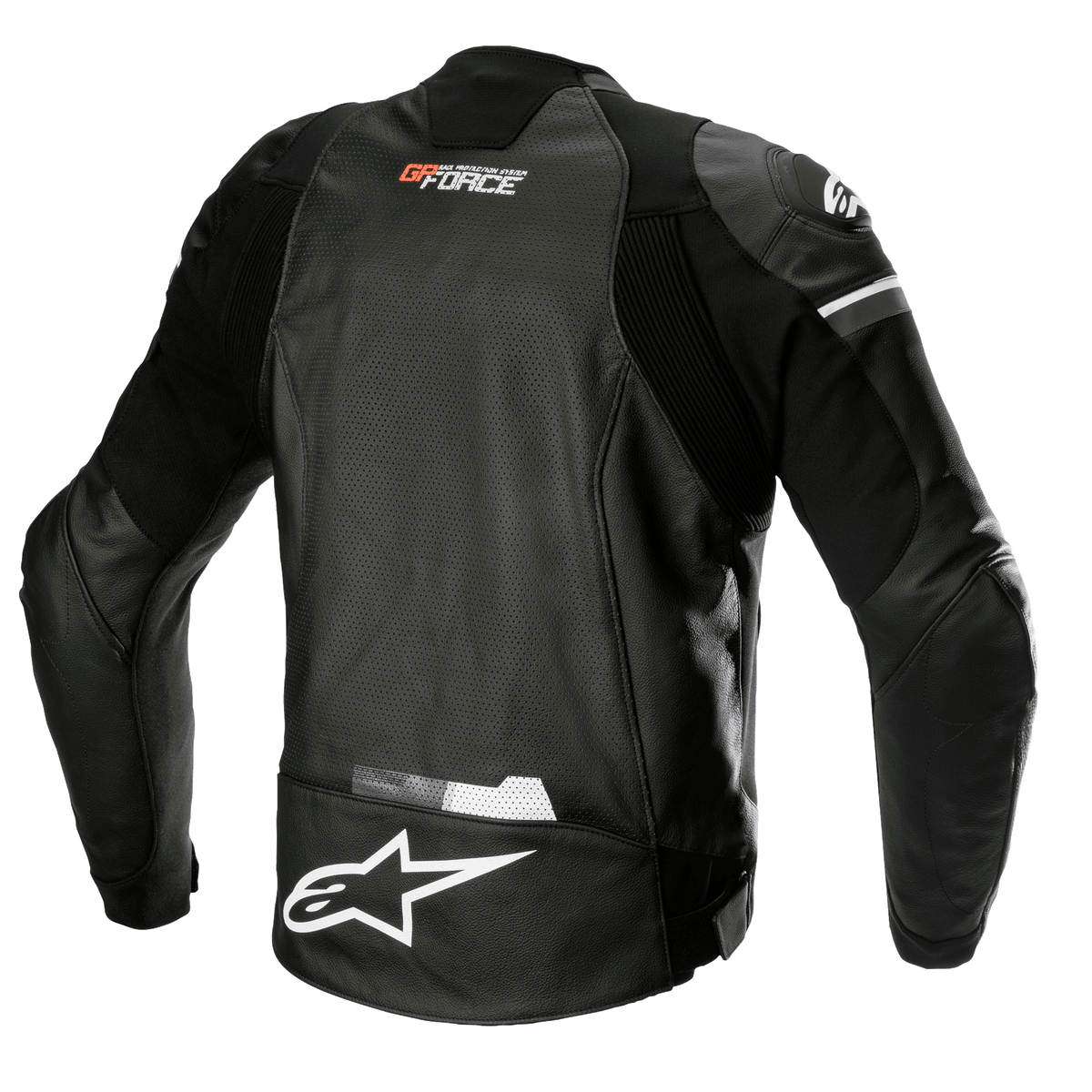 Alpinestars GP Force Airflow læderjakke, sort, set bagfra med perforeret bøffellæder til ventilation, GP Force-branding i nakken, stort hvidt Alpinestars-stjernelogo nederst på ryggen og integrerede strækpaneler for en sportslig kørepasform.