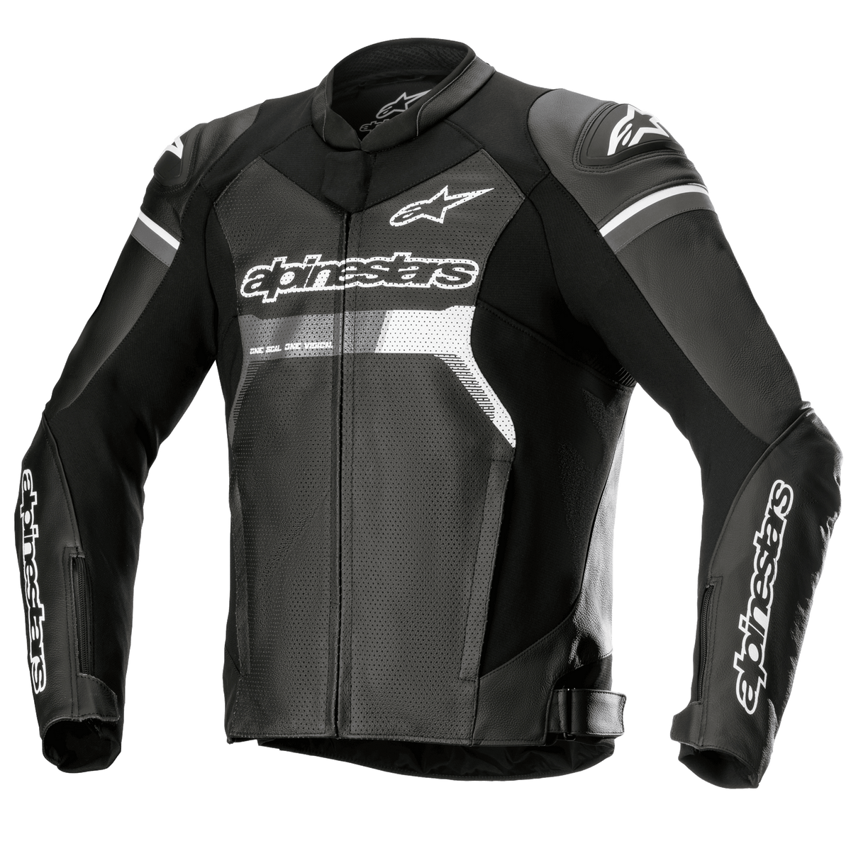 Alpinestars GP Force Airflow læderjakke, sort med hvide og grå detaljer, motorcykelracingjakke, fuldt perforeret læder på bryst og ryg for ventilation, eksterne DFS Lite-skuldersliders, hvidt Alpinestars-logo på bryst og ærmer, sporty design til landevejskørsel