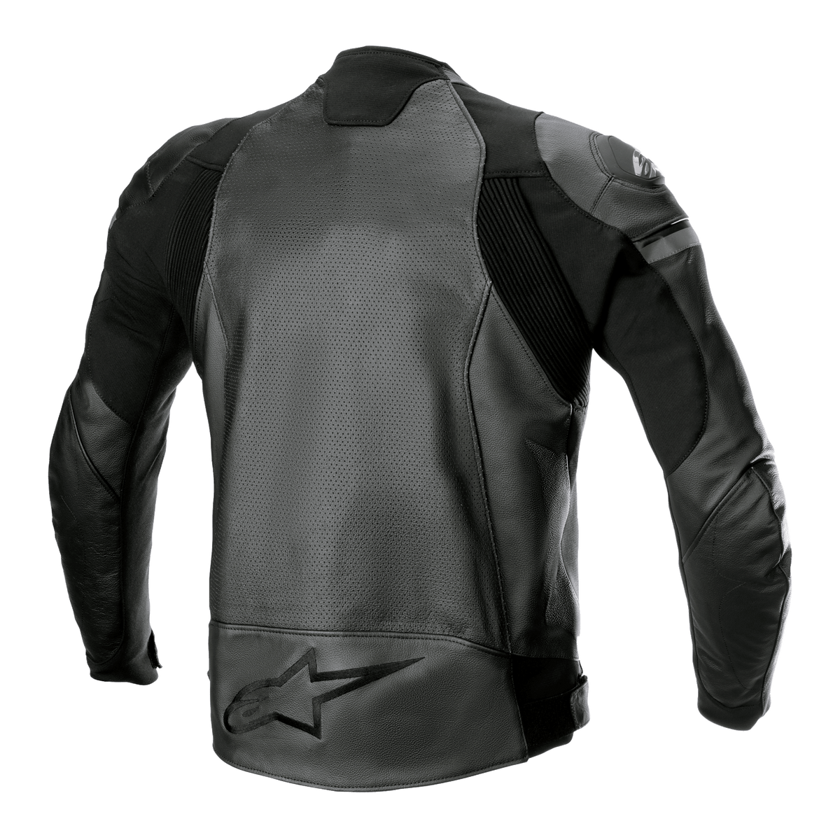 Alpinestars GP Force Airflow læderjakke, sort, set bagfra med perforerede paneler i bøffellæder, accordion-strækindsatser og stort præget stjerne-logo nederst på ryggen, sportsligt motorcykeludstyr