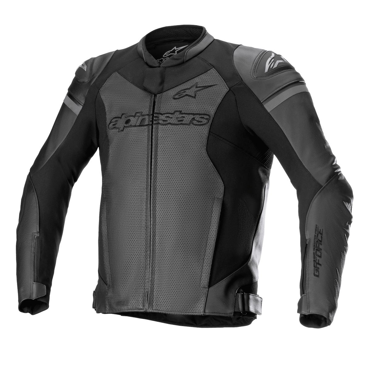 Alpinestars GP Force Airflow læderjakke, motorcykelracerjakke, sort og mørkegrå, perforerede paneler til ventilation, eksterne DFS Lite-skulderslidere, markant branding på bryst og ærmer, førsteklasses læderkonstruktion med justerbare taljestropper