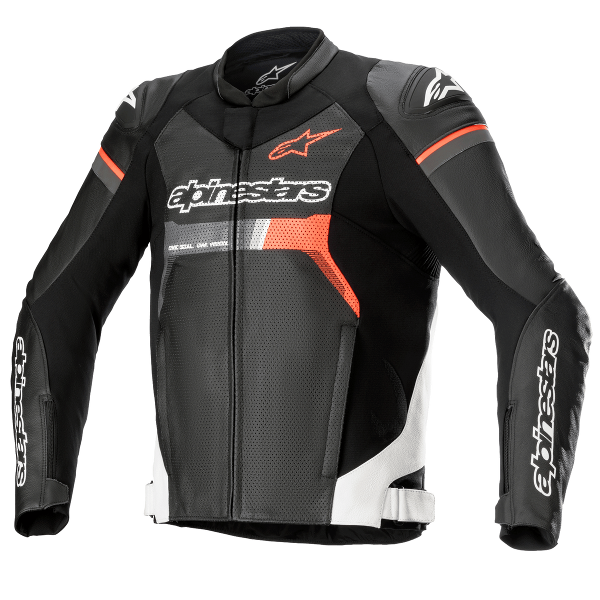 Alpinestars GP Force Airflow Leather Jacket, Black with White and Red Fluo accents, perforated leather motorcycle racing jacket, featuring DFS Lite shoulder protectors, Alpinestars branding on chest and sleeves, ventilated sport design