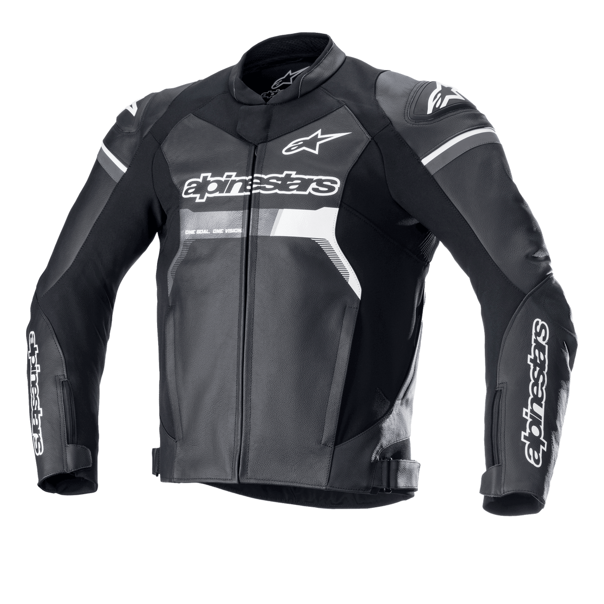 Alpinestars GP Force Leather Jacket, Black with white and grey accents, Motorcycle Racing Jacket, Premium bovine leather construction, bold Alpinestars branding on chest and sleeves, DFS Lite shoulder sliders, ergonomic sport fit for road riding.