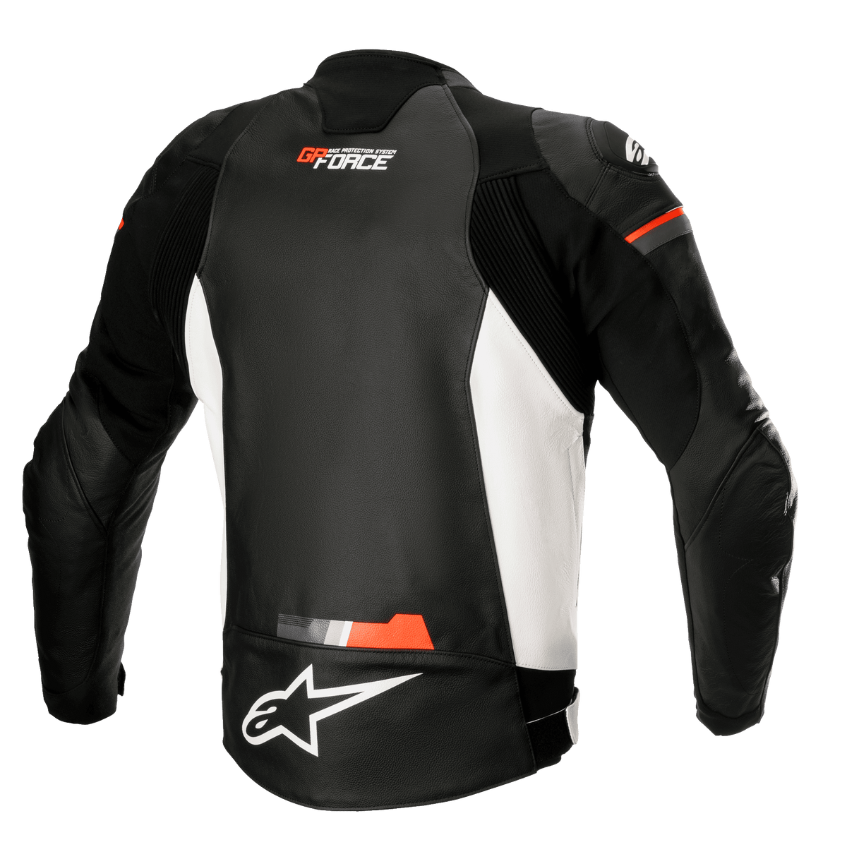 Alpinestars GP Force læderjakke, motorcykel læderjakke, sort, hvid og rød fluo, set bagfra med hvide sidepaneler og fluoriserende røde detaljer, GP Force og Alpinestars logo, sporty læderdesign med accordion-strækpaneler