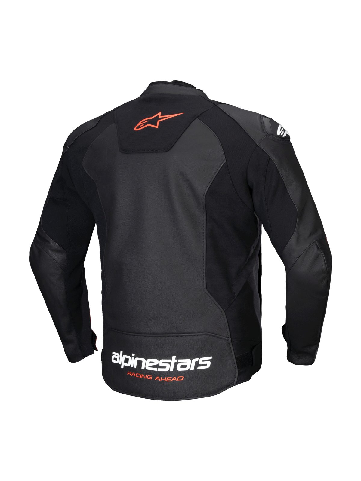 Alpinestars Faster V3 Læder Jakke, herre-motorcykeljakke, set bagfra i sort og rød, med premium læder, HRSF-strækpaneler og CE-certificering