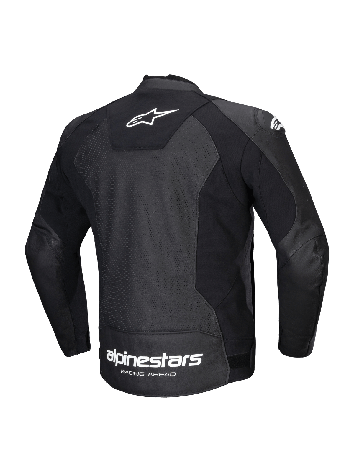 Alpinestars Faster V3 Airflow Leather Jacket, men's sport motorcycle leather jacket, back view, black and white, featuring CE certification, HRSF stretch panels, and perforated leather construction