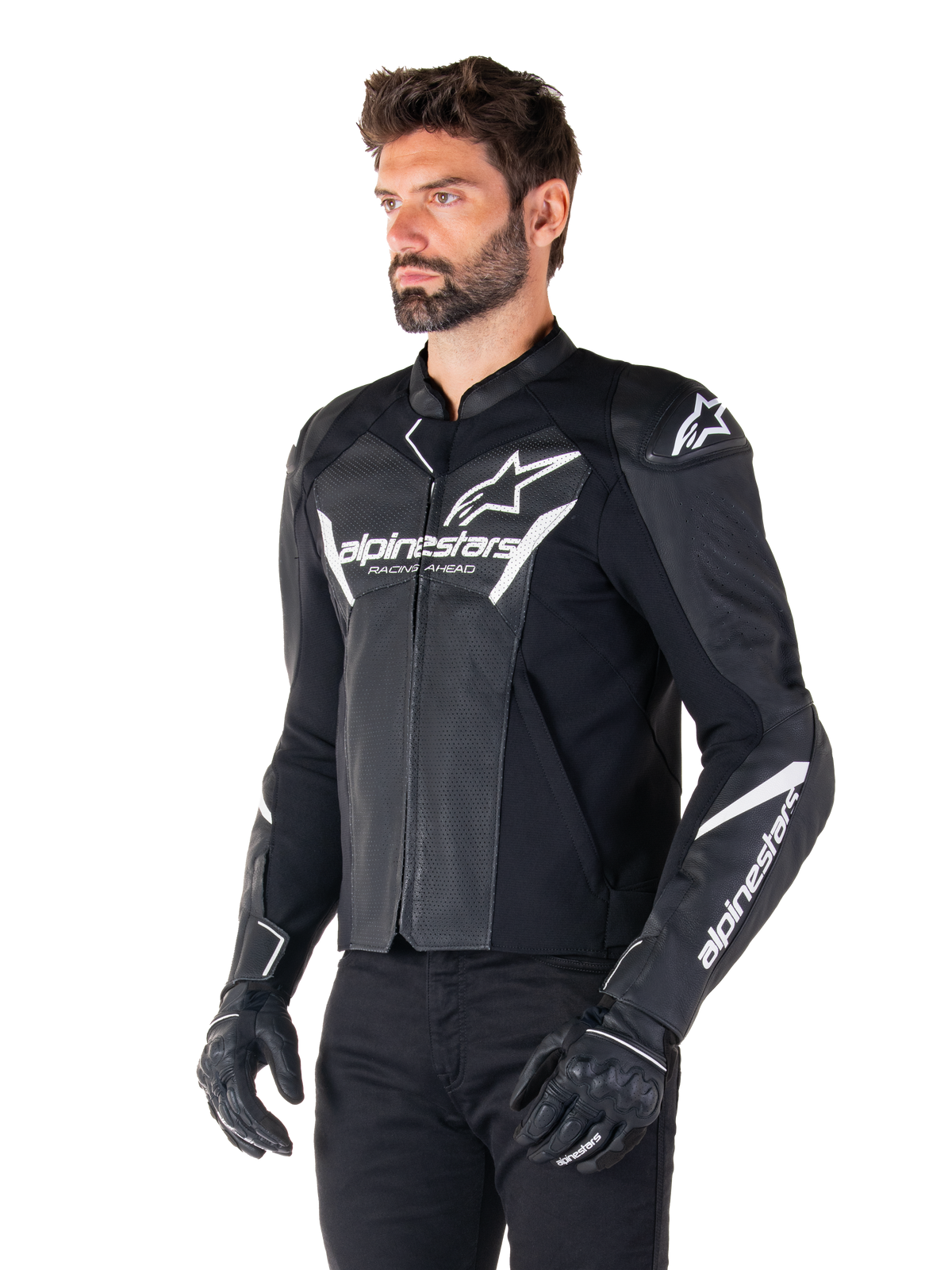 Alpinestars Faster V3 Airflow Leather Jacket, Black and White, sport motorcycle jacket with perforated leather panels, white Alpinestars branding on chest and arms, worn by a model with black gloves and pants, sleek and protective riding gear