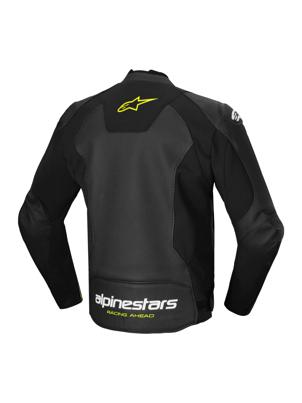 Alpinestars Faster V3 Airflow læderjakke, herre-motorcykelracingjakke set bagfra, sort med gule detaljer og hvidt logo på ryggen, CE-certificeret perforeret læderkonstruktion med strækpaneler