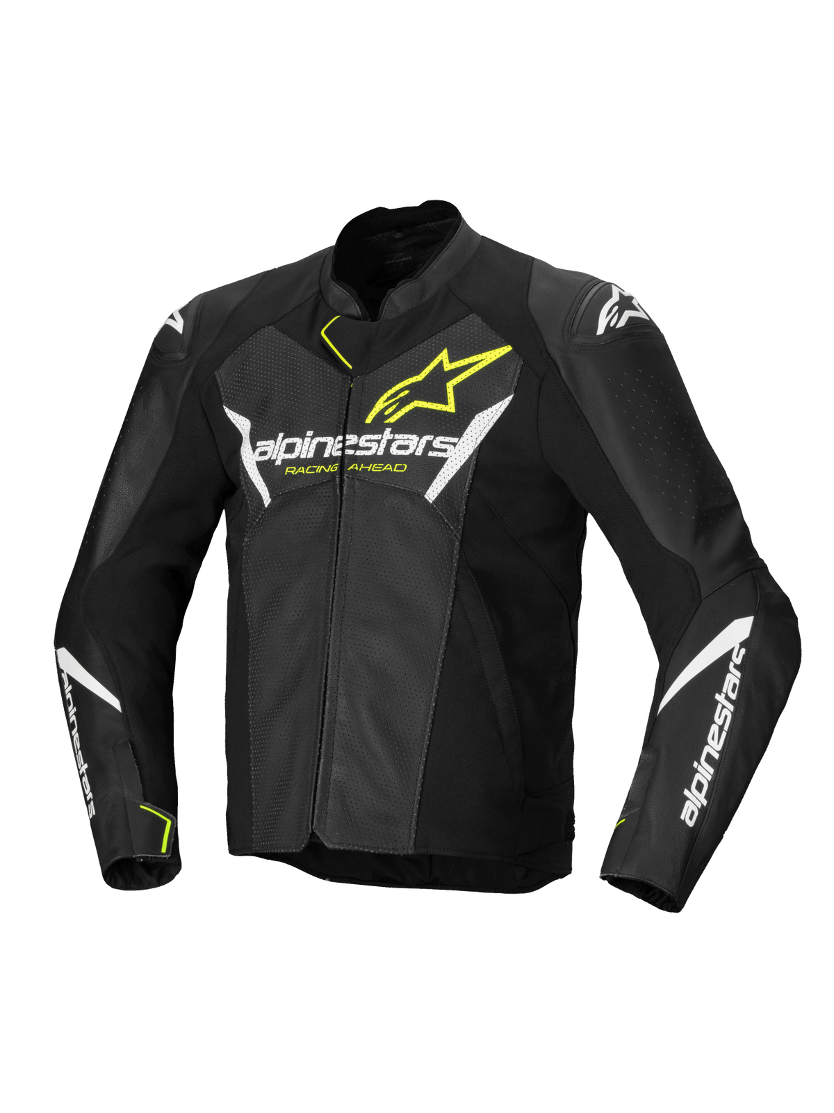 Alpinestars Faster V3 Airflow Læderjakke, herre-motorcykeljakke, sort, hvid og gul, perforeret læderkonstruktion med CE-certificeret beskyttelse