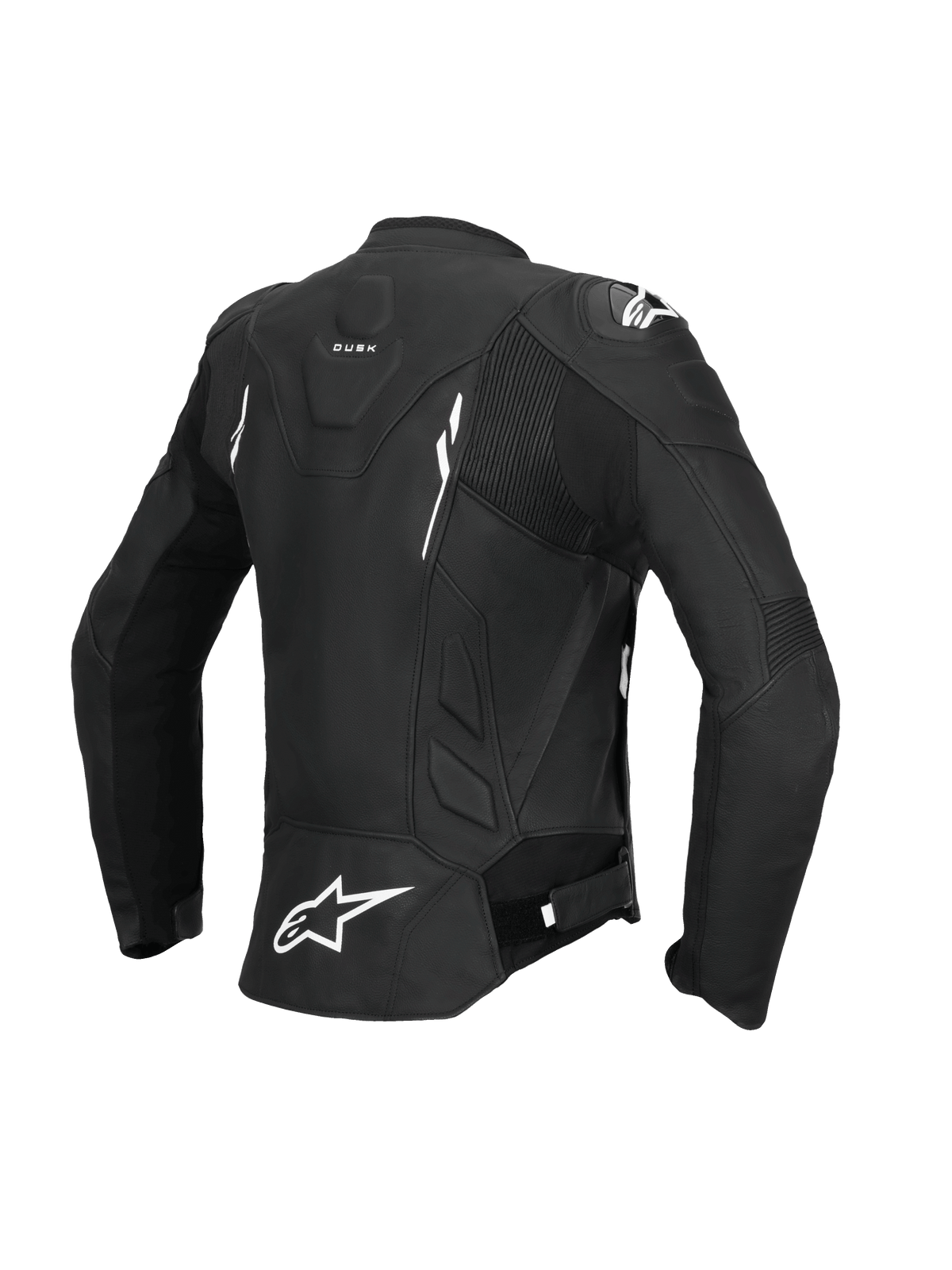 Alpinestars Stella Dusk læderjakke, dame motorcykel- og sportslæderjakke, set bagfra i sort og hvid, CE-certificeret AA-klasse med harmonika-stretchpaneler
