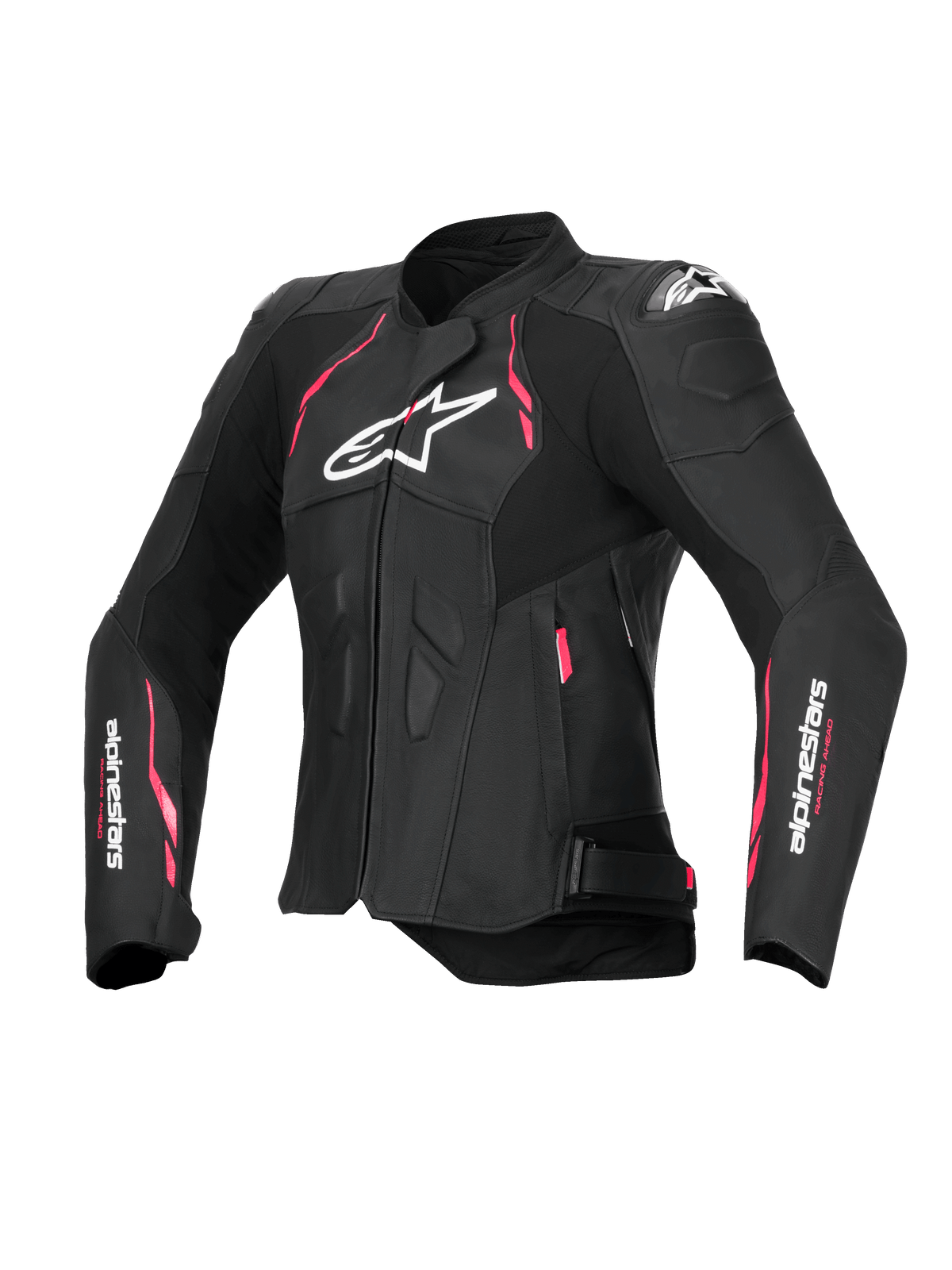 Alpinestars Stella Dusk Læderjakke, damemotorcykeljakke i sort med pink og hvide detaljer, CE-certificeret klasse AA med udvendig DFS-skulderbeskyttelse