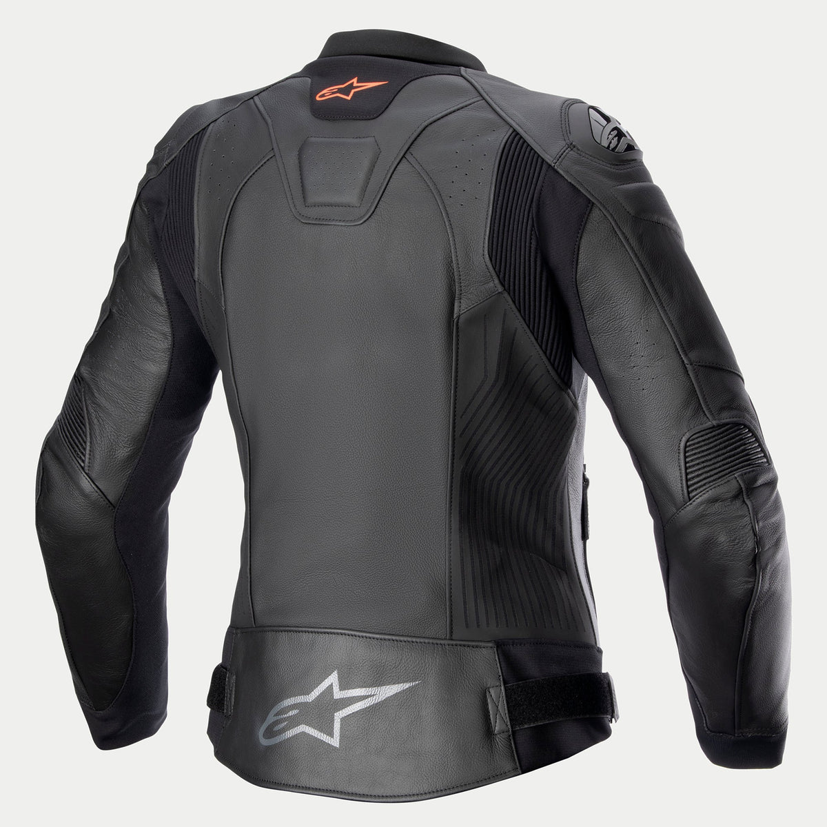 Alpinestars Læder Jakke Stella GP Plus V4, dame motorcykellæderjakke set bagfra, sort, CE-certificeret Kategori II klasse AA med strækpaneler og beskyttelsesdetaljer