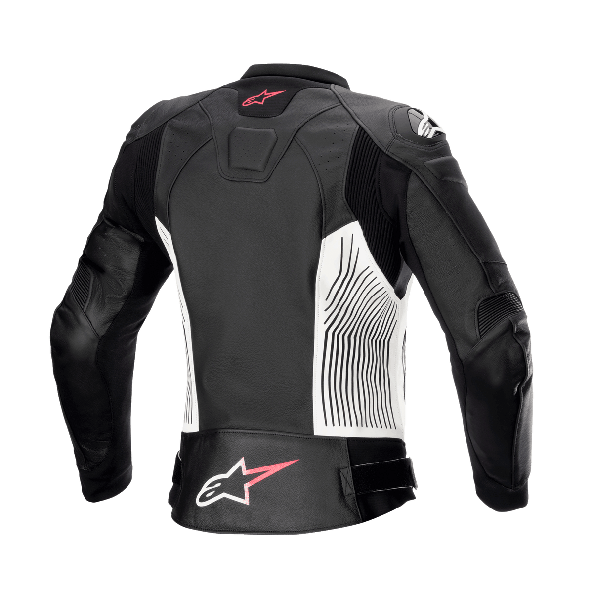 Alpinestars Stella GP Plus V4 læderjakke til kvinder, sort, hvid og Diva Pink, set bagfra, hvide sidepaneler med sorte grafiske linjer, lyserøde og hvide Alpinestars-logoer på øvre og nedre ryg, læder-accordeon-strækpaneler for øget bevægelighed