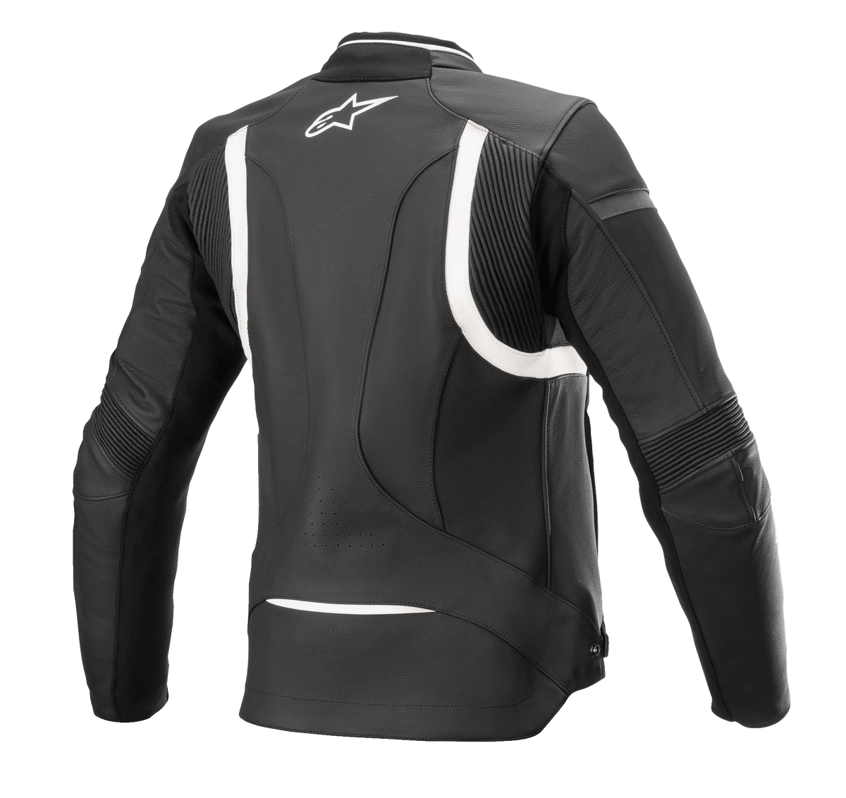 Alpinestars Stella Kira V2 læderjakke til damer, sort og hvid, set bagfra med fokus på harmonika-strækpaneler på ryggen og albuerne, forlænget rygstykke for bedre dækning under kørsel, hvidt Alpinestars-logo på øverste del af ryggen, konstruktion i premium okselæder.