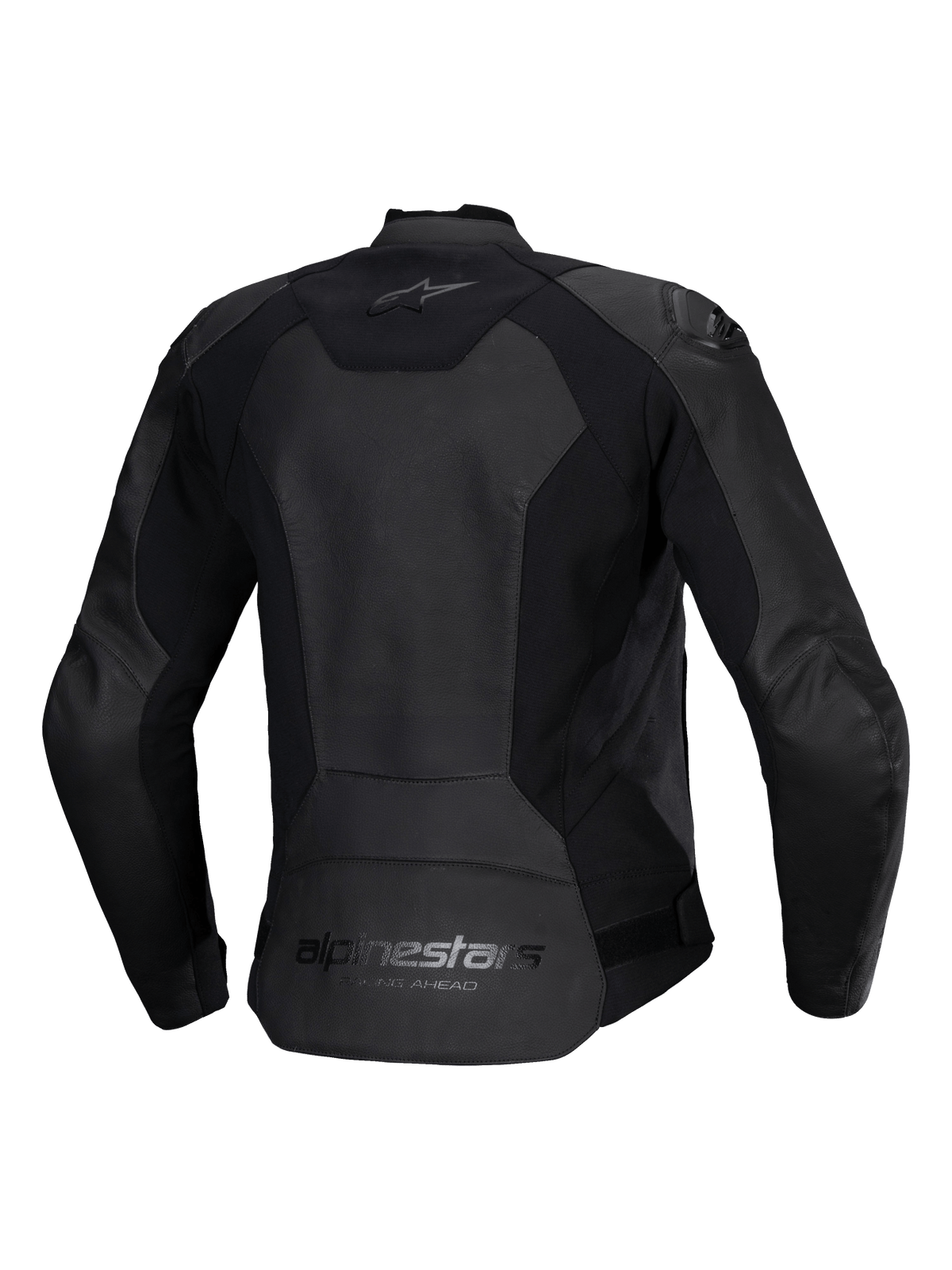 Alpinestars Stella Faster V3 læderjakke til damer, MC-læderjakke til kvinder, sort, set bagfra med Alpinestars branding på øvre og nedre ryg, strækpaneler for bevægelighed og et forlænget rygstykke for bedre dækning