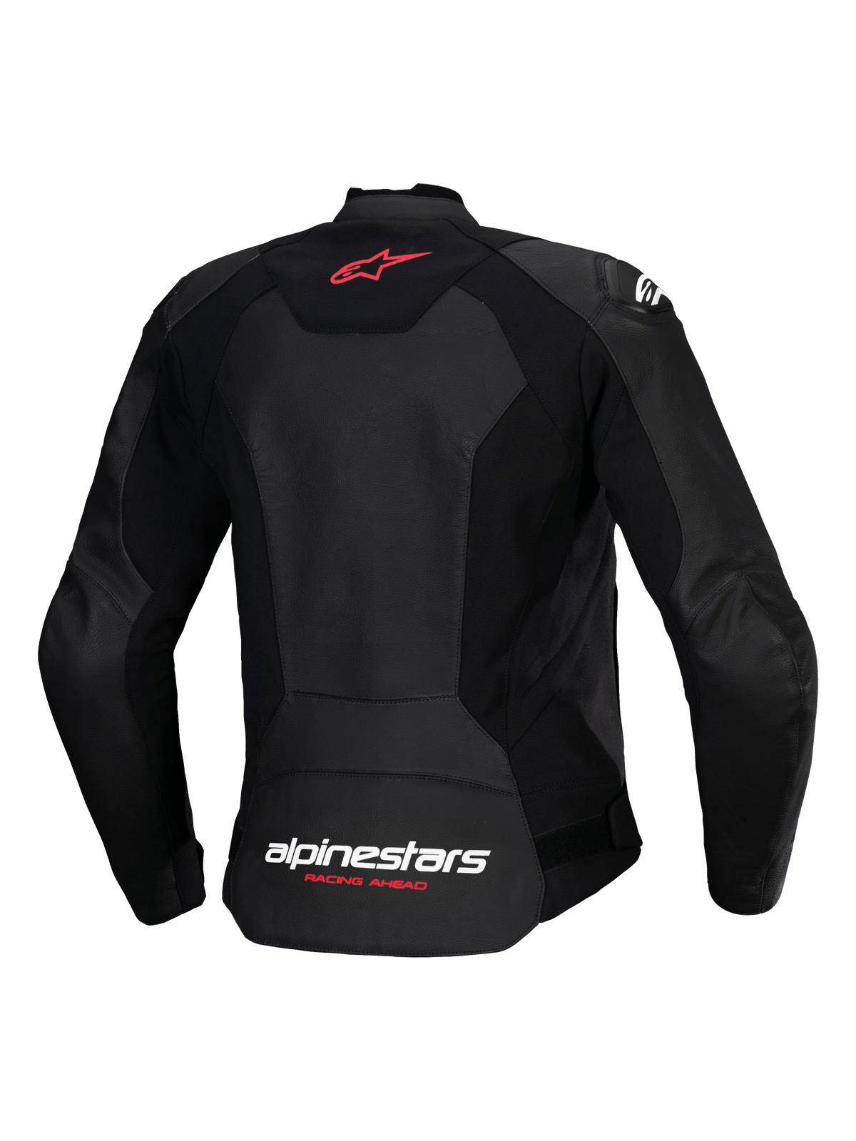 Alpinestars Stella Faster V3 læderjakke, sportsmotorcykeljakke til kvinder, sort, set bagfra med rødt stjernelogo øverst på ryggen og hvidt Alpinestars-navnetræk med Fluo Coral "Racing Ahead"-tekst nederst på ryggen, figursyet pasform med førsteklasses læder og stretchpaneler