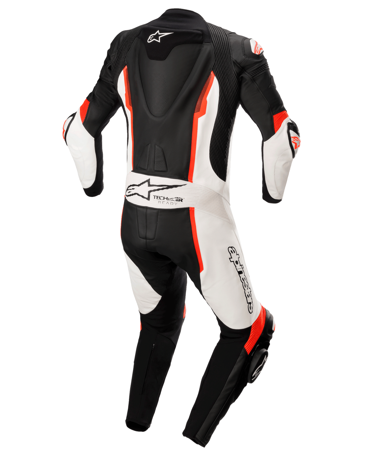 Alpinestars Missile V2 1-delt læderdragt, sort, hvid og rød fluo, set bagfra med aerodynamisk rygpukkel, Tech-Air Ready-branding og Alpinestars-logo, førsteklasses motorcykel-racerdragt i læder