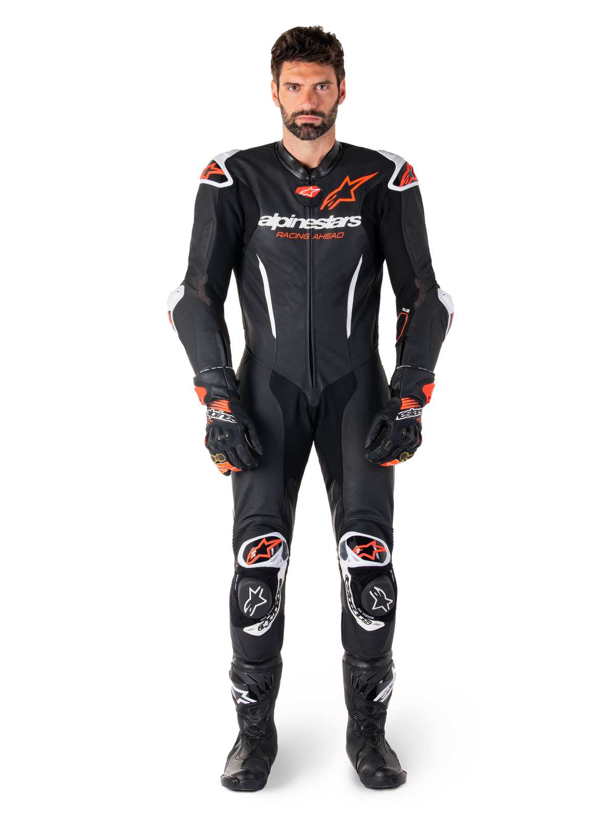 Alpinestars GP-R7 One Piece Leather Suit for men, professional motorcycle racing gear in Black and Red Fluo.