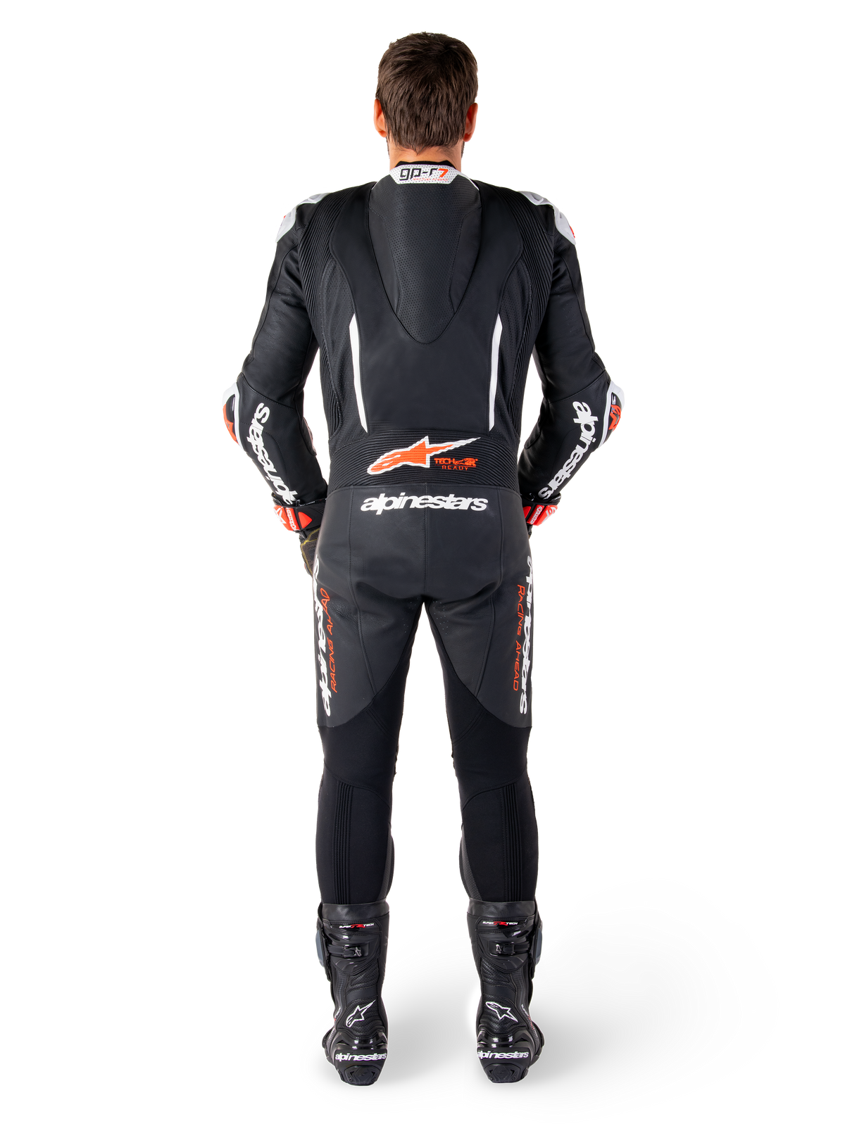 Alpinestars GP-R7 Leather Suit, Black and White, with aerodynamic speed hump and accordion panels for racing.
