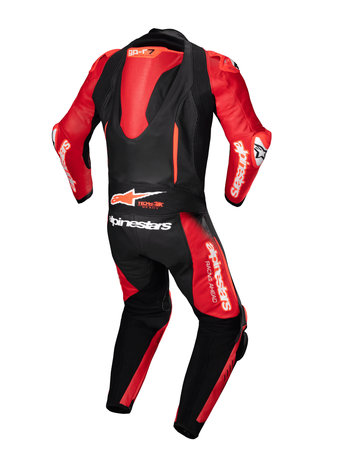Alpinestars GP-R7 1-stk læderdragt, sort og rød motorcykelracerdragt med aerodynamisk pukkel og Tech-Air Ready-logo.