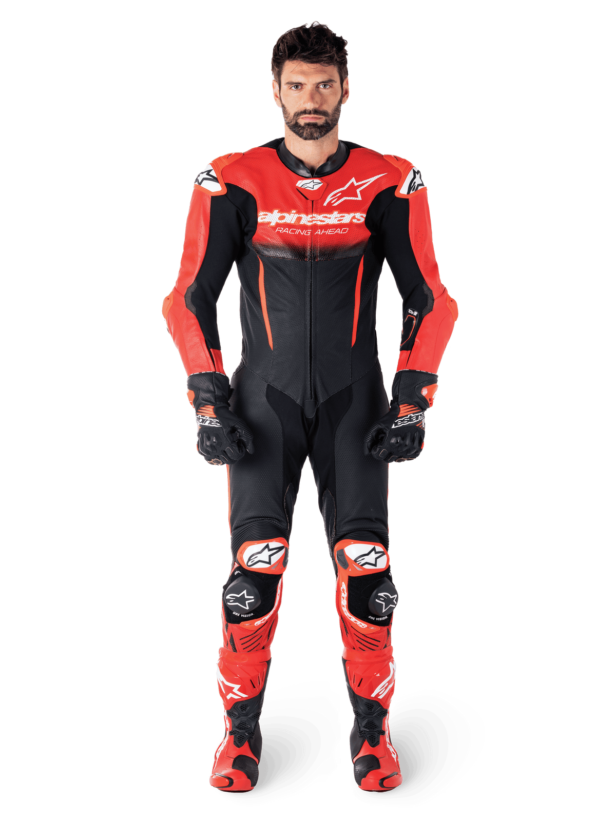 Alpinestars GP-R7 1-stk læderdragt til herrer, sort og rød motorcykelracerdragt i premium bovinlæder med race-pasform, set forfra på model.
