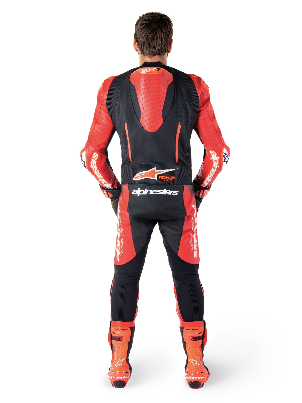 Alpinestars GP-R7 1-Stk læderdragt, motorcykeldragt til racing, sort og rød, set bagfra med aerodynamisk pukkel