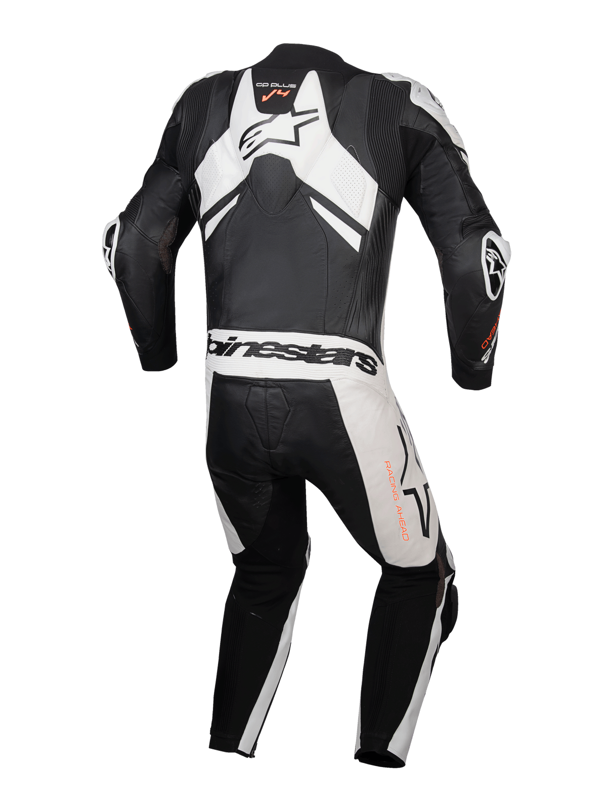 Alpinestars GP Plus V4 Sprint læderdragt, herre motorcykelracerdragt i sort og hvidt læder med aero-pukkel, set bagfra.