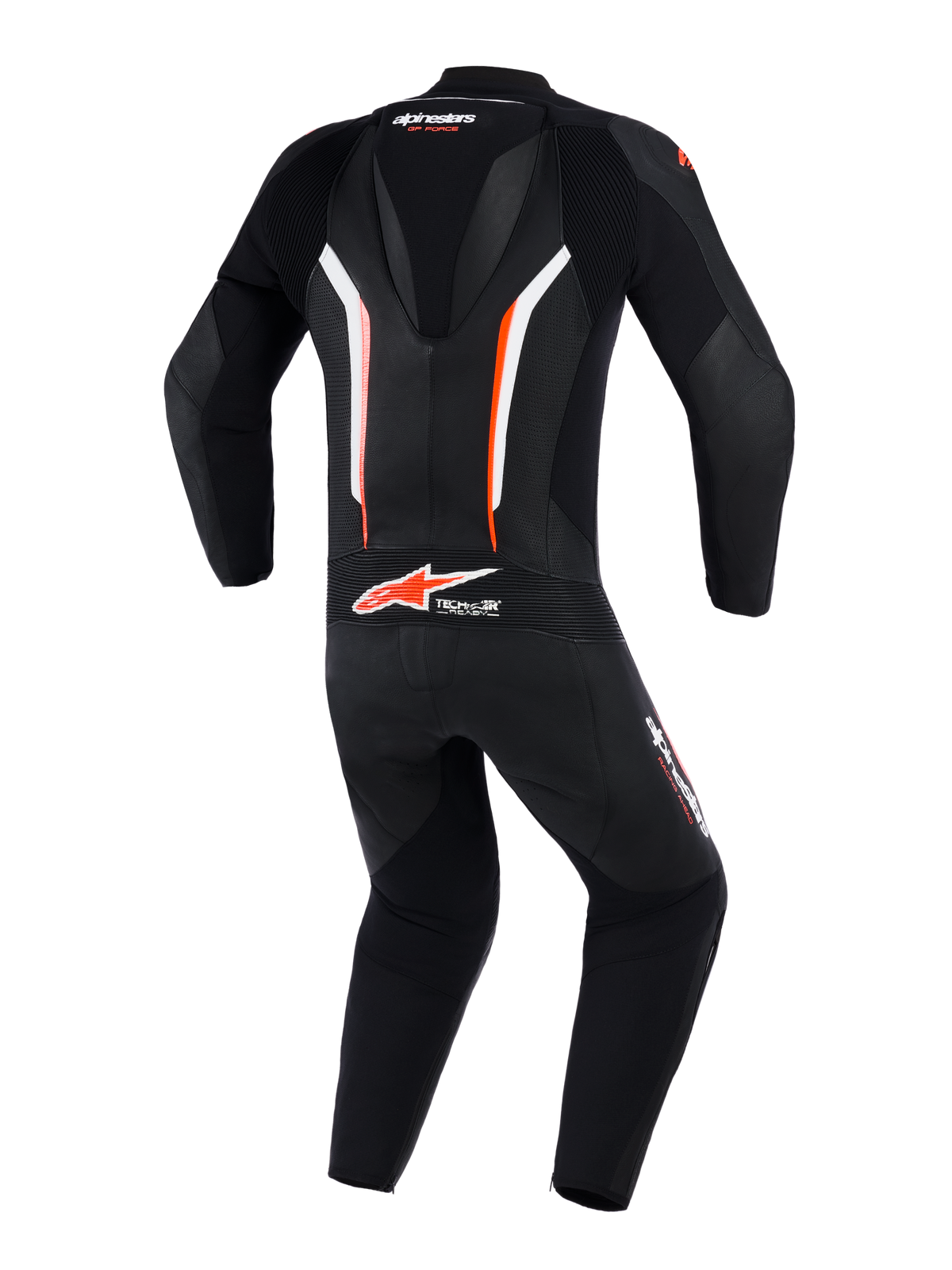 Alpinestars GP Force V2 1-delt læderdragt, set bagfra, sort hvid og rød fluo, med aerodynamisk speed hump, perforerede læderpaneler til ventilation, Tech-Air Ready-branding på den nederste del af ryggen, professionelt motorcykel-racerudstyr
