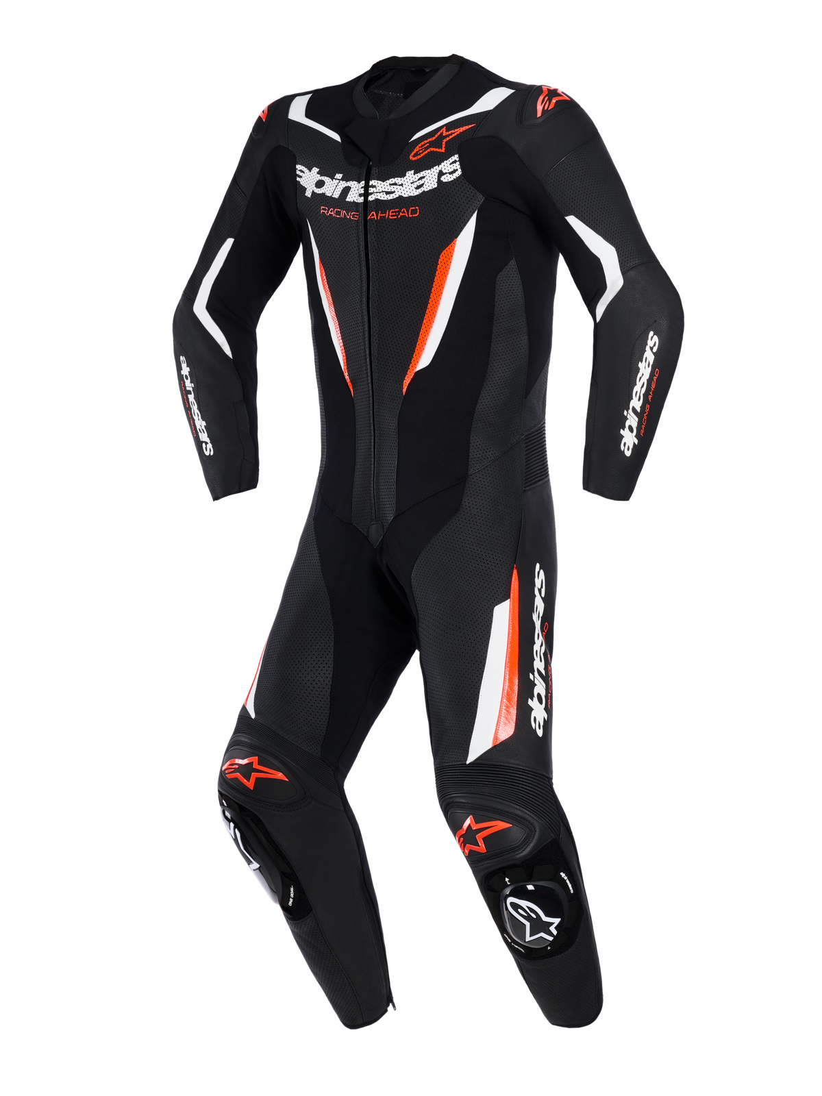 Alpinestars GP Force V2 læderdragt, 1-delt motorcykel-racerdragt, sort, hvid og rød fluo, med perforerede læderpaneler, hvide og fluorescerende røde detaljer, Alpinestars-branding på bryst og ærmer, professionelt baneklart design.