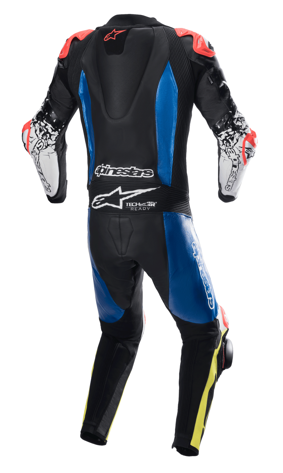 Alpinestars GP Tech V4 Leather Suit, One-Piece Leather Racing Suit, Black with Blue panels and Fluo Red accents, back view showing aerodynamic hump and Tech-Air Ready branding, white sleeves with black graphics and Fluo Yellow leg details, professional racing gear for track performance.