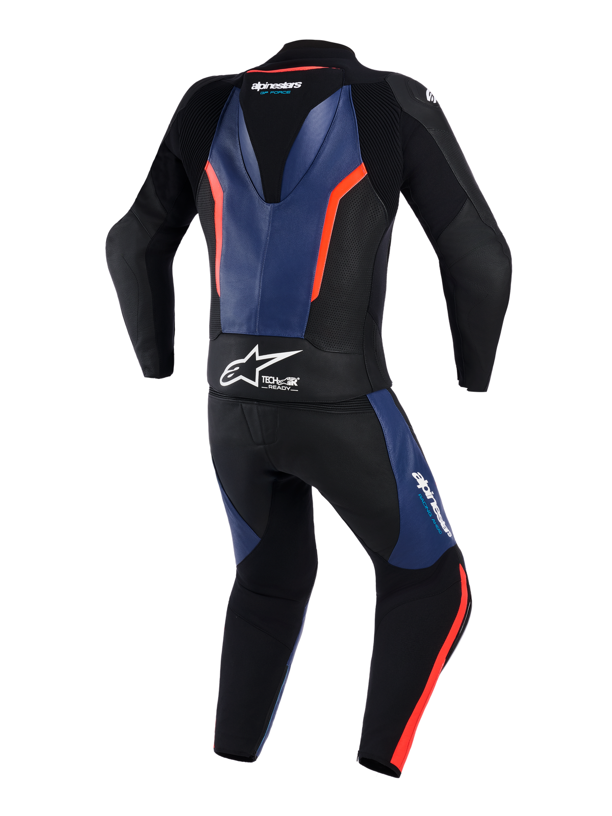 Alpinestars GP Force V2 2-delt læderdragt, set bagfra, sort med blå og rød fluo-detaljer, professionel motorcykelracerdragt med aerodynamisk speed hump, hvidt Tech-Air Ready-logo i taljen, perforerede læderpaneler og harmonika-strækzoner for øget mobilitet.