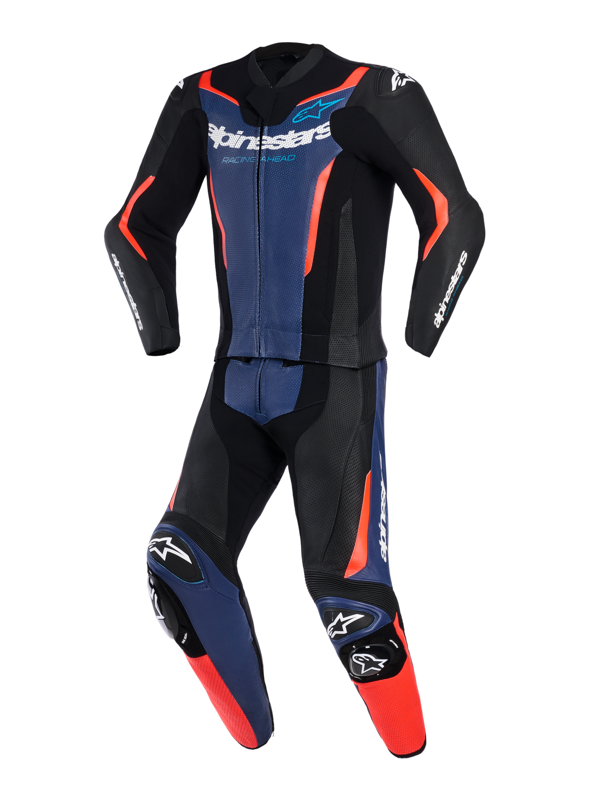 Alpinestars GP Force V2 Læderdragt 2-delt, sort, blå og rød fluo, professionel motorcykelracerdragt med perforerede læderpaneler, integrerede knæslidere og tydelig branding på bryst og ærmer