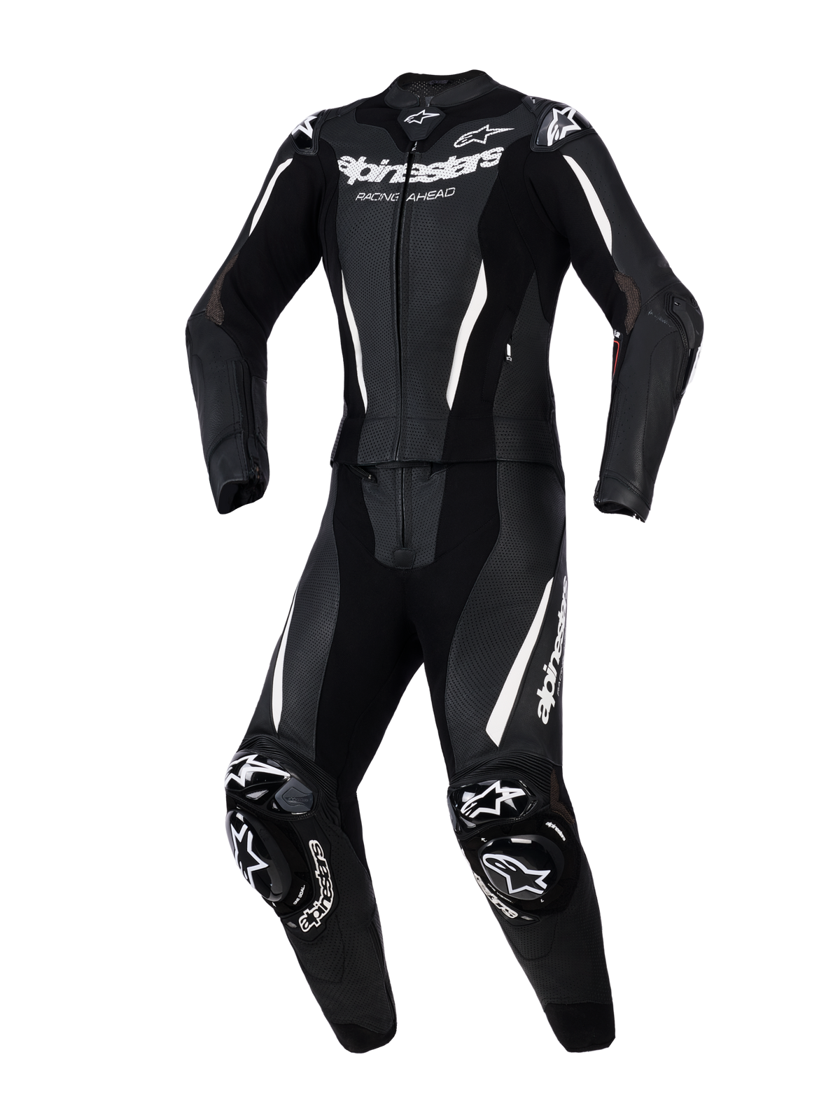 Alpinestars Stella GP-R7 2-delt læderdragt, motorcykeldragt til kvinder, sort med hvide detaljer og branding, med perforeret læder til ventilation, udvendig DFS-beskyttelse på skuldre og knæ samt en præ-buet atletisk pasform.