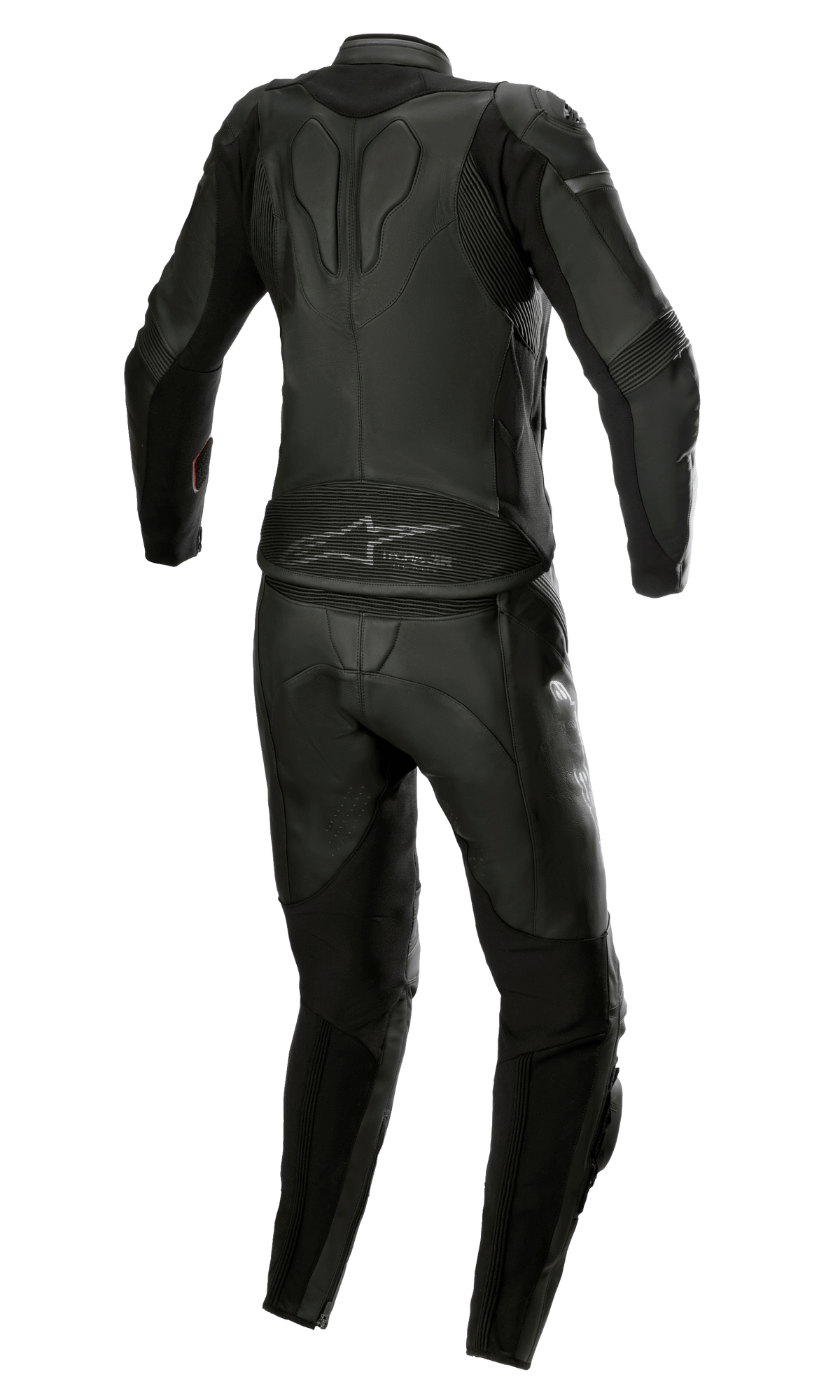 Alpinestars Stella GP Plus 2-delt læderdragt til kvinder, Black Metallic Gray, set bagfra, der viser det strømlinede design med harmonika-strækpaneler, beskyttende læderkonstruktion og Alpinestars-branding på lænden, specifikt skræddersyet til en race-pasform til kvinder.