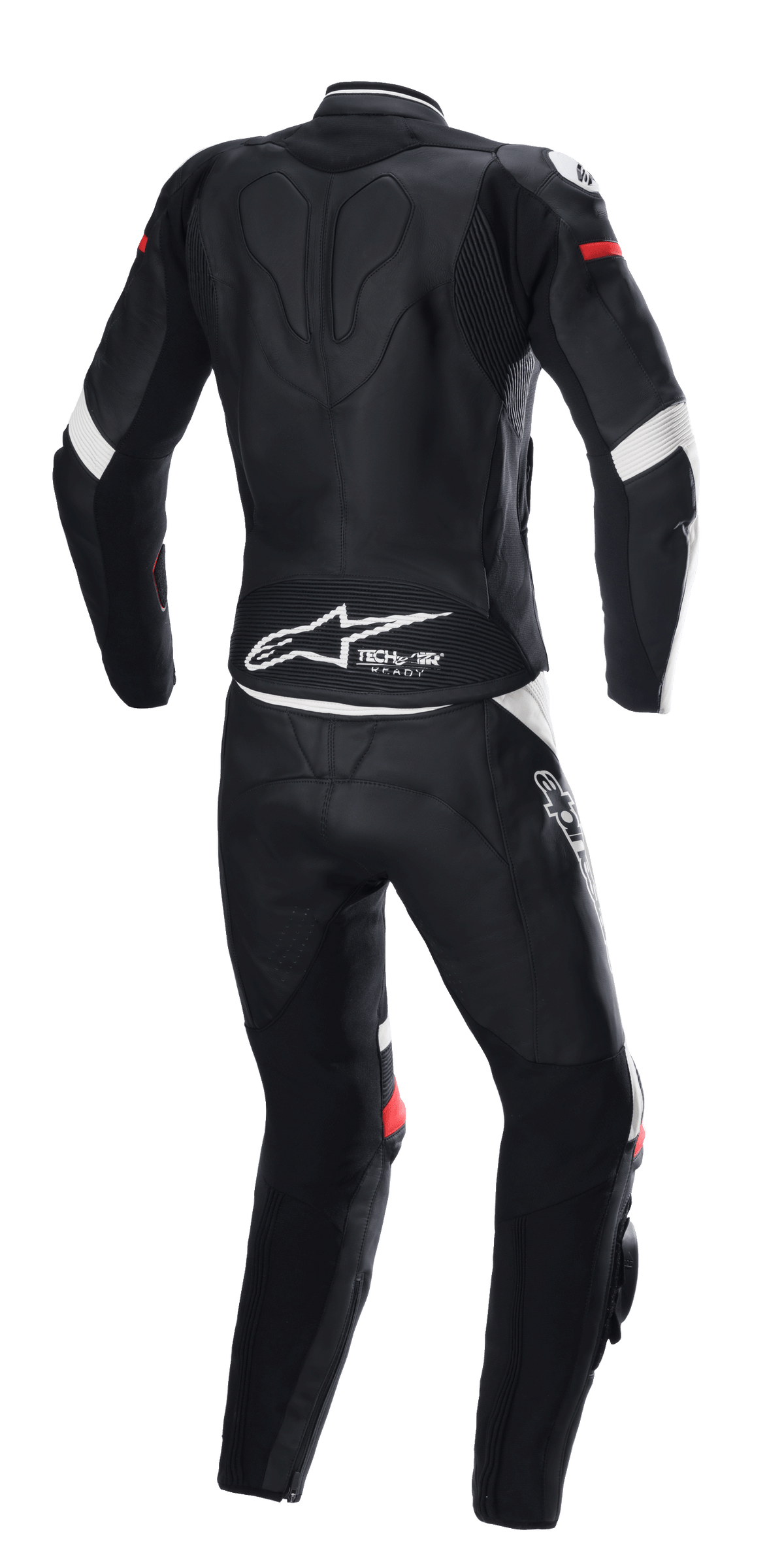 Alpinestars Stella GP Plus 2-delt læderdragt, sort, hvid og klar rød, set bagfra, med Tech-Air Ready-branding og Alpinestars-logo på lænden, ergonomisk beskyttelsesdragt med strækpaneler til motorcykelrace.