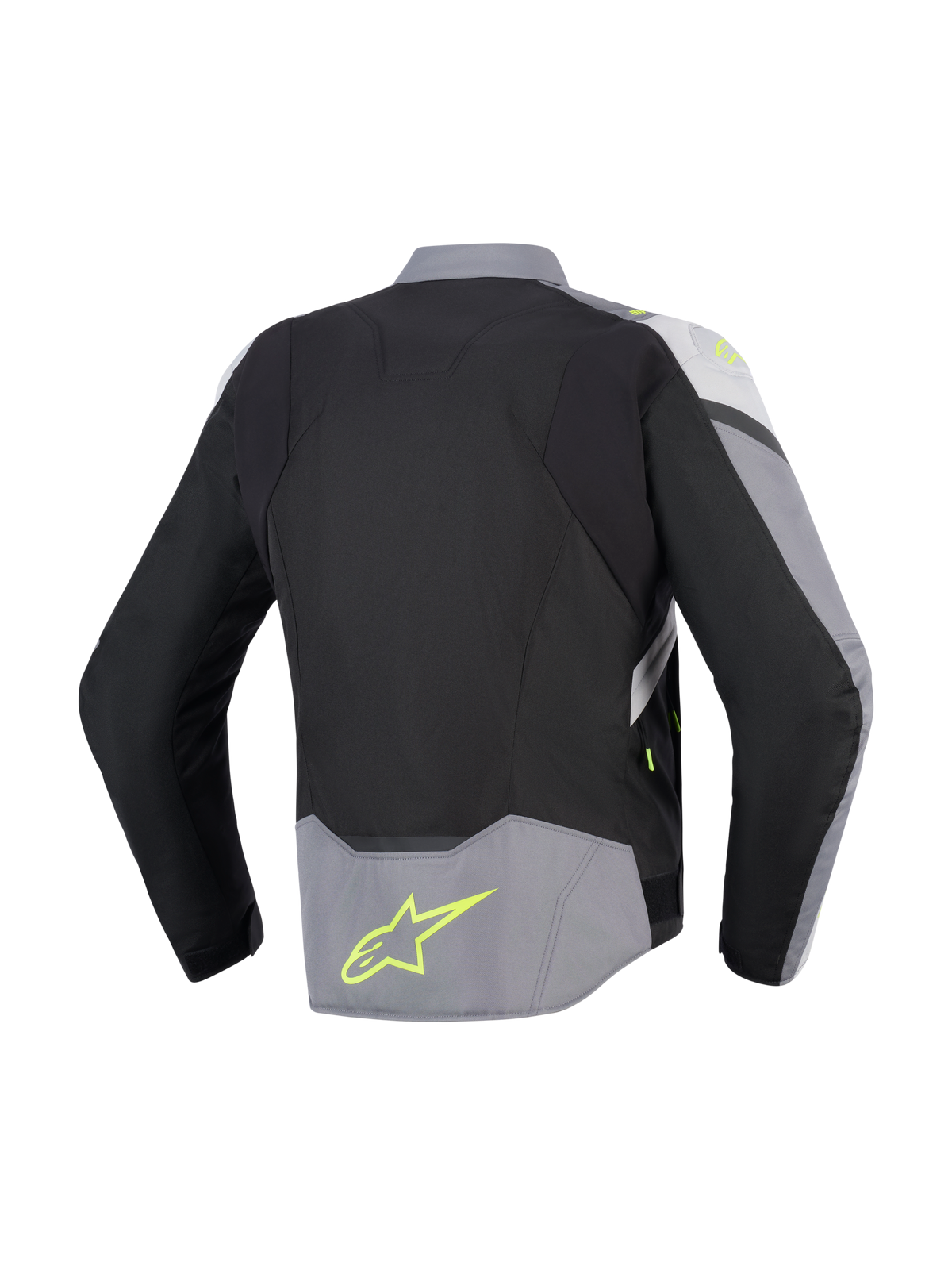 Alpinestars T-Jaws V4 Waterproof Jacket, set bagfra, sort, Ice Gray og mørkegrå, tekstil motorcykeljakke med fluorescerende gule detaljer og logo på lænden, sportspasform med forlænget rygprofil