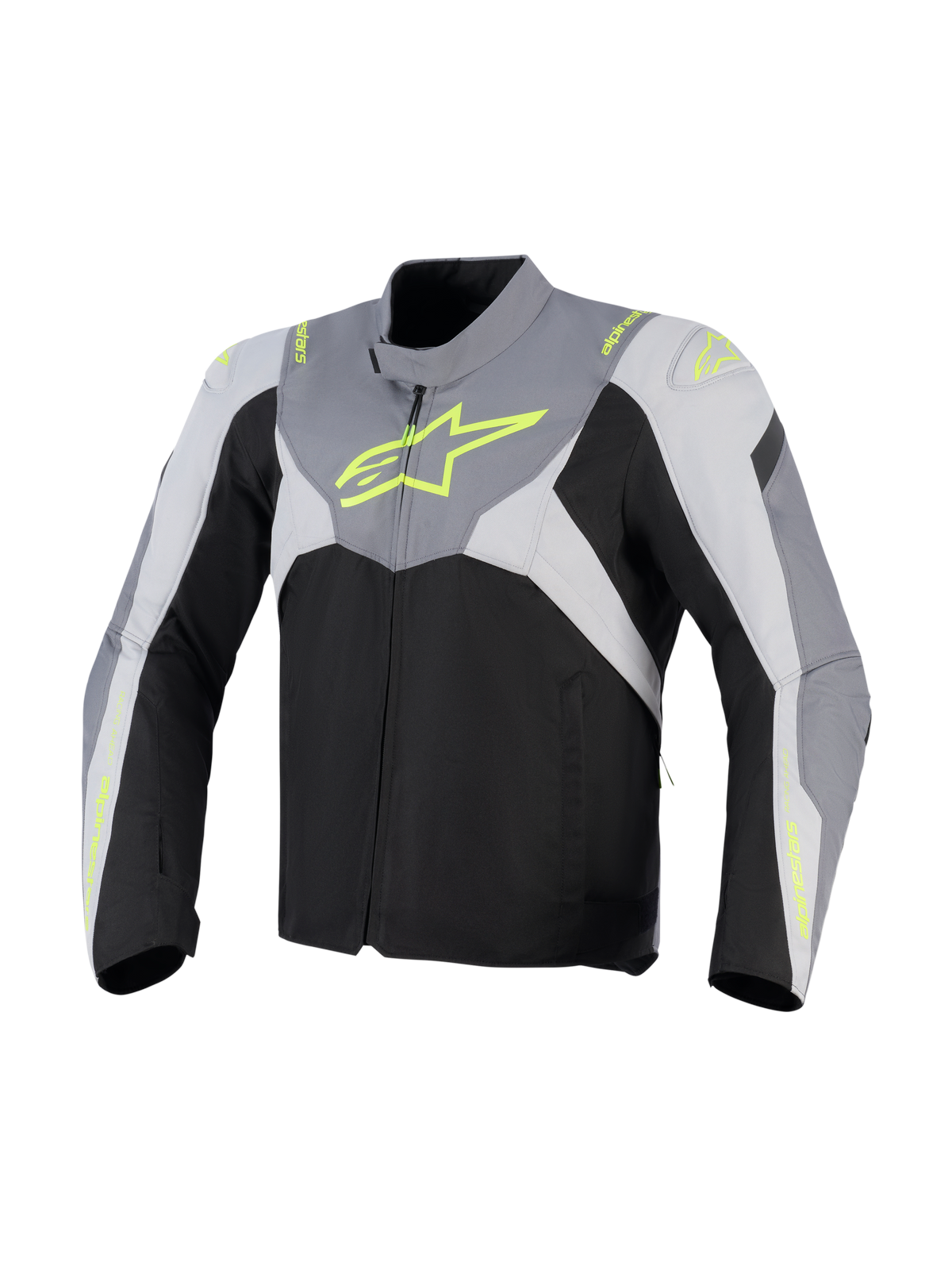 Alpinestars T-Jaws V4 Vandtæt Jakke, tekstil motorcykeljakke, sort, Ice Gray og mørkegrå med fluorescerende gul branding, stort neon logo på brystet og beskyttende skulderpaneler
