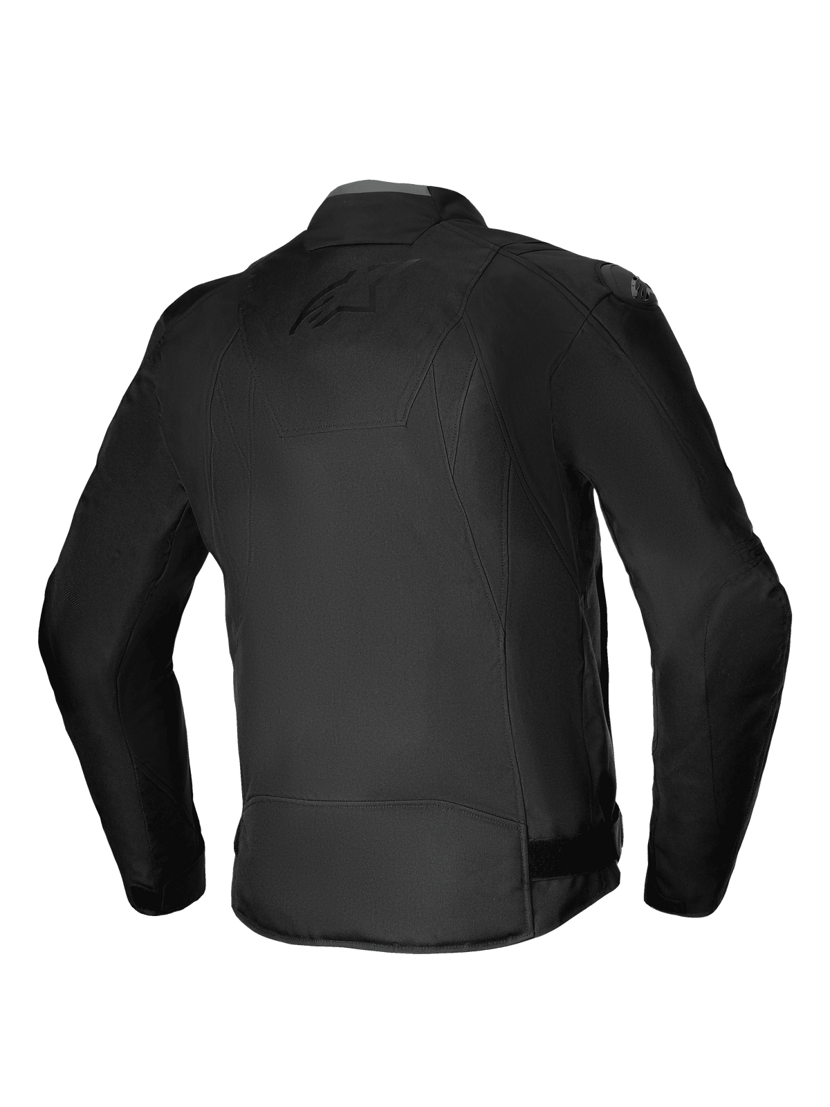 Alpinestars T-SP 1 V2 Vandtæt Jakke, tekstil motorcykeljakke, sort, set bagfra med 3D-sportssilhuet, DFS Lite skulderslidere og diskret ton-i-ton branding på ryggen, holdbart køreudstyr til al slags vejr