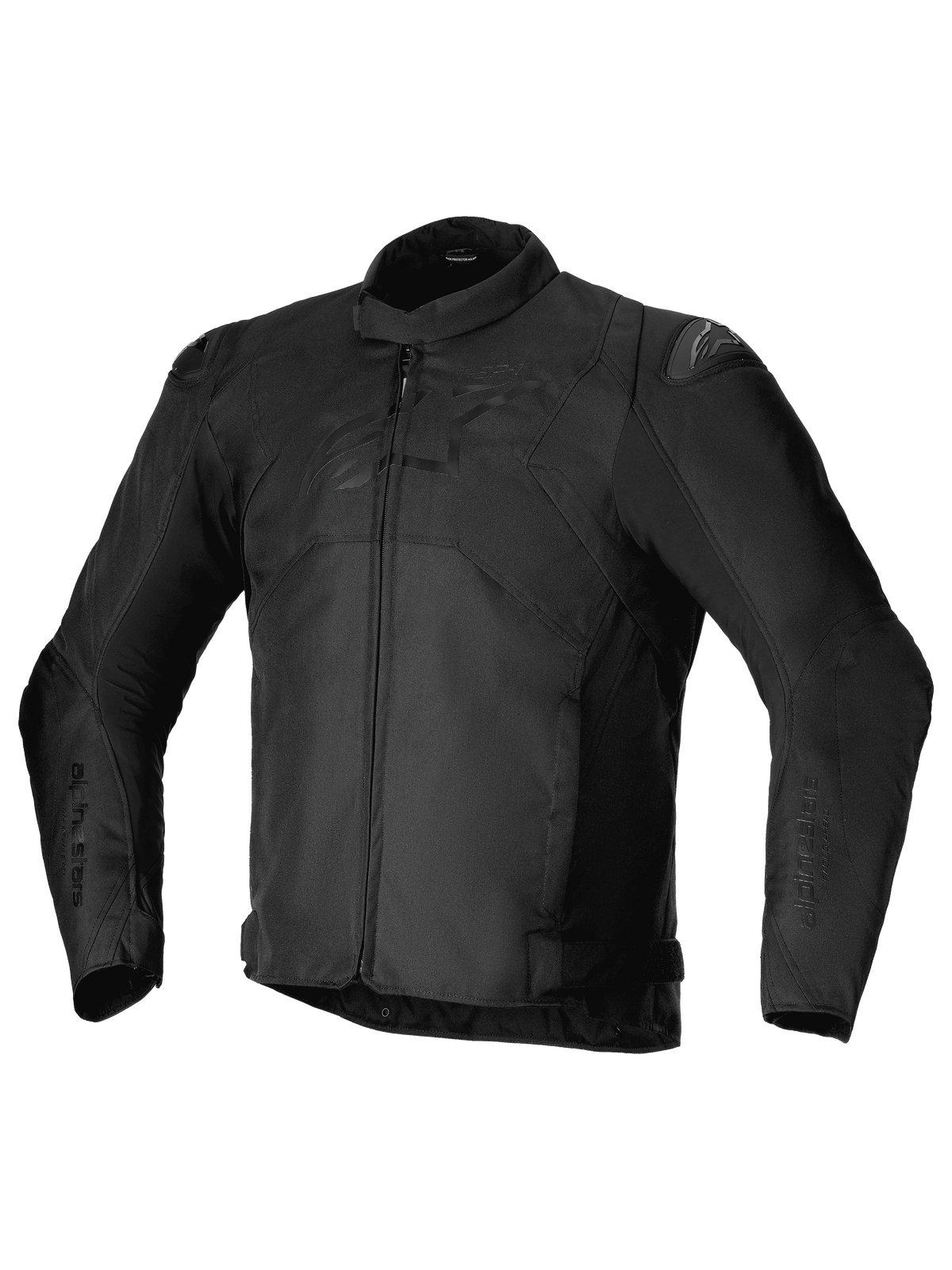 Alpinestars T-SP 1 V2 vandtæt jakke, sort, sport tekstil motorcykeljakke med lavprofil krave, lange forbøjede ærmer, lynlåslukning foran, DFS Lite skulderslidere og tonalt Alpinestars logo på brystet.