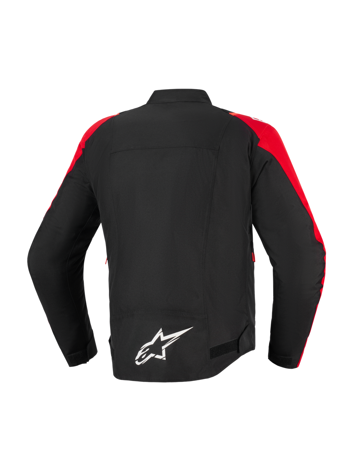Alpinestars T-SPS V2 vandtæt jakke, motorcykeljakke, sort med røde detaljer, set bagfra med hvidt Alpinestars-logo nederst på ryggen, tekstildesign med sportssnit til by- og landevejskørsel
