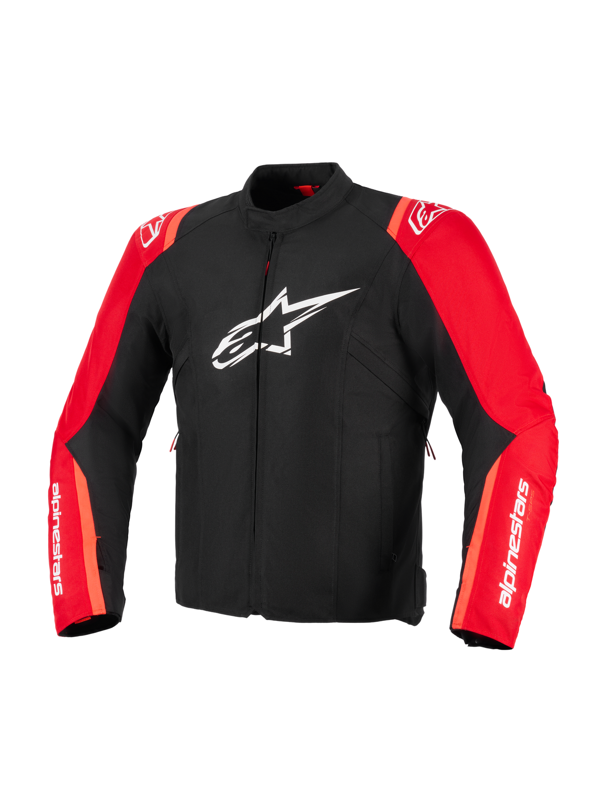 Alpinestars T-SPS V2 vandtæt jakke, sort og rød fluo, tekstil motorcykeljakke, hvidt Alpinestars-stjernelogo på brystet, hvid branding på ærmerne, sportsskåret racer-inspireret design