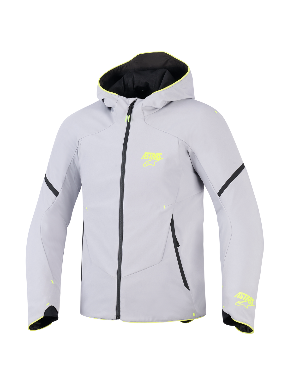 Alpinestars Aeroshell Waterproof Jacket, Mid Gray and Yellow Fluo, hooded sport softshell motorcycle jacket, featuring neon yellow ASTARS logos, black waterproof zipper, and modern athletic fit.