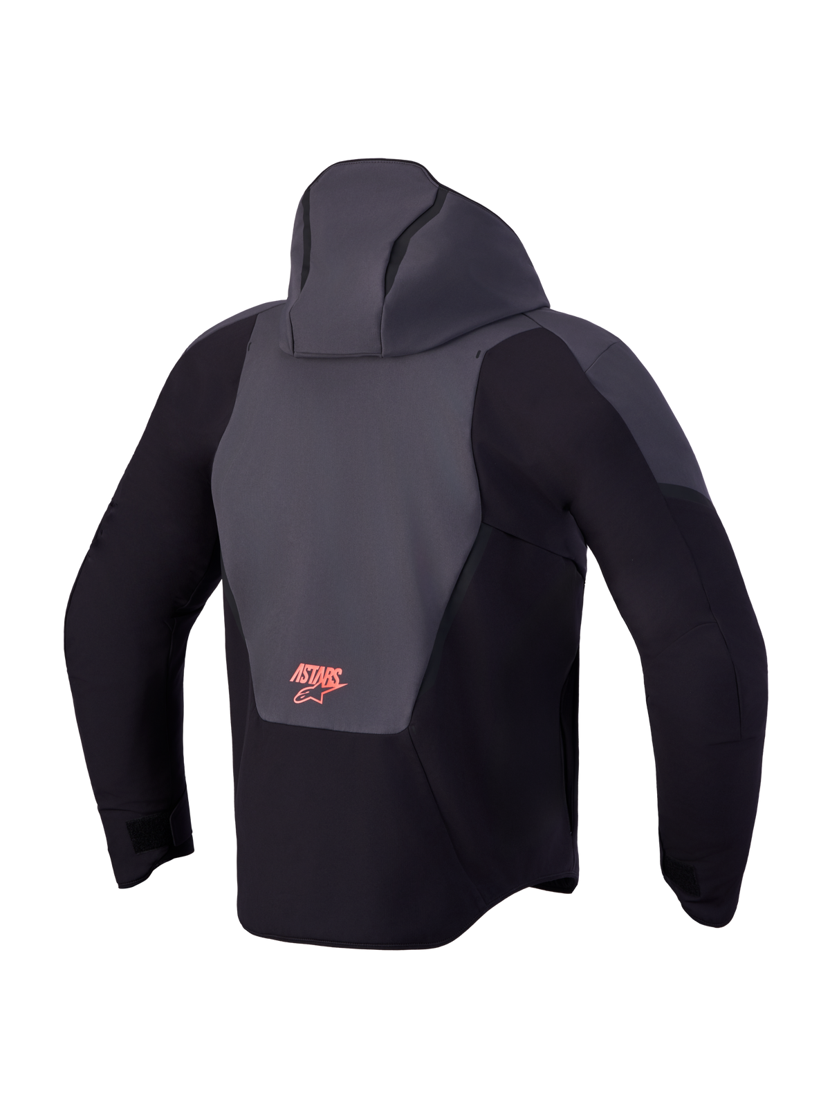 Alpinestars Aeroshell Wp Jakke, sort og mørkegrå motorcykeljakke set bagfra med hætte og Astars-logo på ryggen