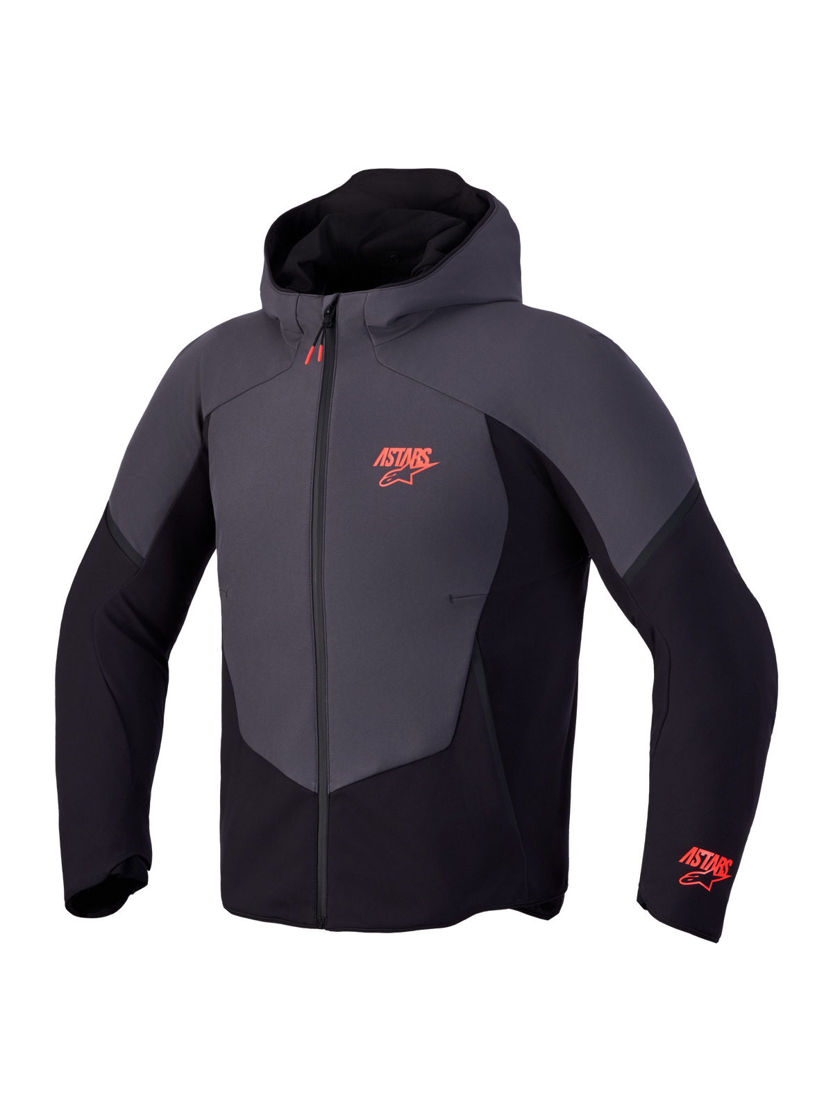 Alpinestars Aeroshell Wp Jakke, vandtæt motorcykeljakke med hætte, sort og mørkegrå med røde logodetaljer, CE-certificeret softshell-design
