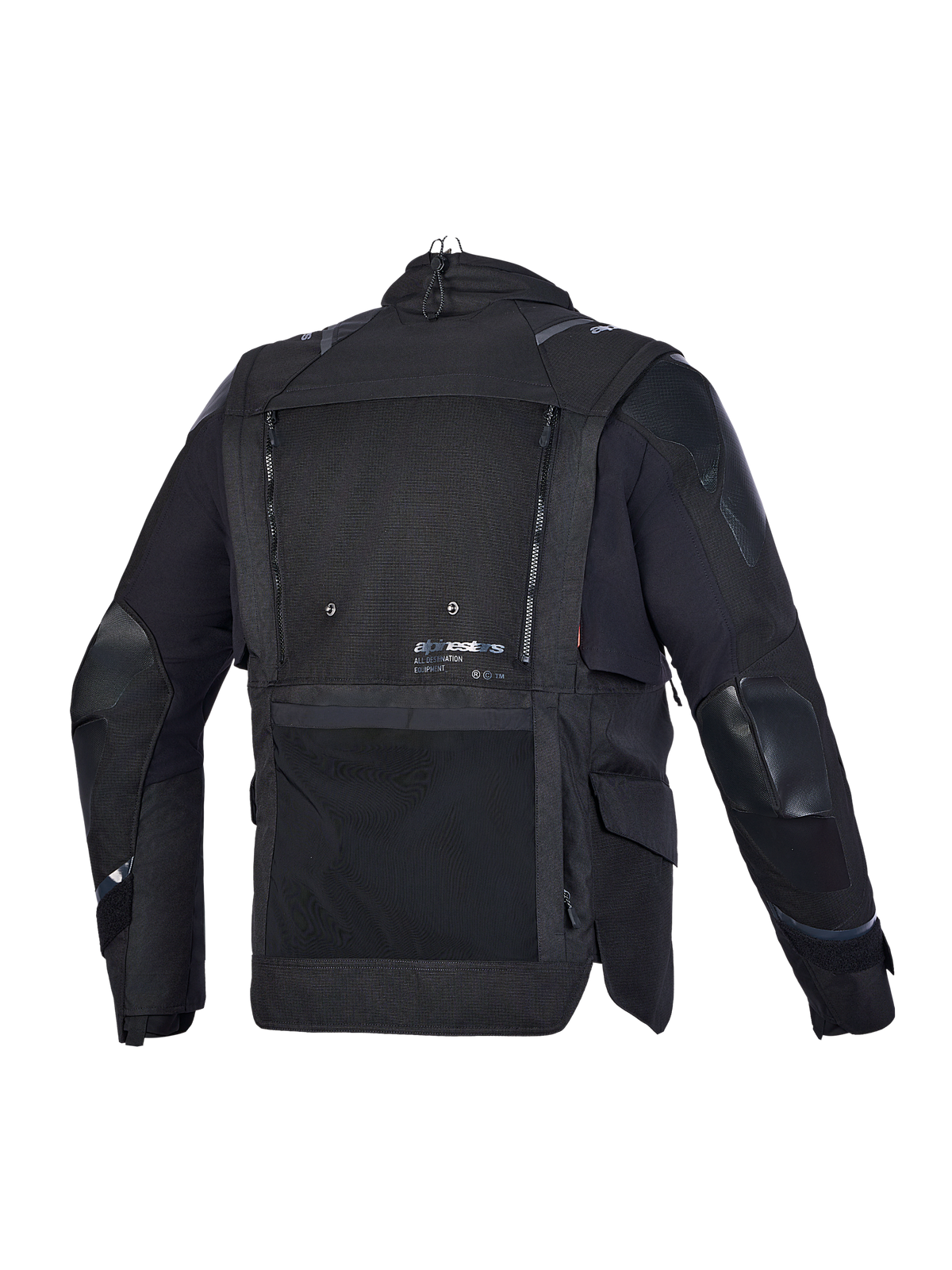 Alpinestars Harok V2 Drystar Jakke, eventyrlig motorcykeljakke, set bagfra i sort, med teknisk ripstop-konstruktion, ventilationsmeshpanel og vandtætte opbevaringsdetaljer