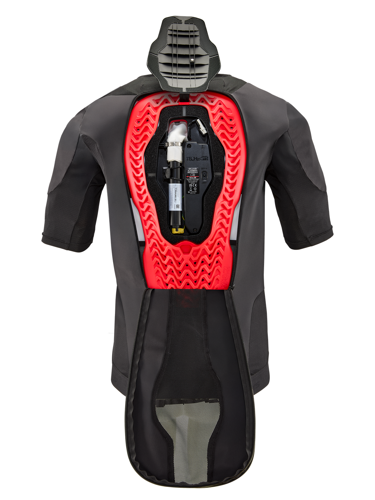 Alpinestars Tech-Air® 5 Plasma Airbag reservepatron, vist indeni en Tech-Air® 5 Plasma-vest, sort beklædningsdel med en klar rød indvendig bikagestruktur, inklusiv argongas-cylinder og elektronisk enhed, teknisk sikkerhedsudstyr til motorcykler.