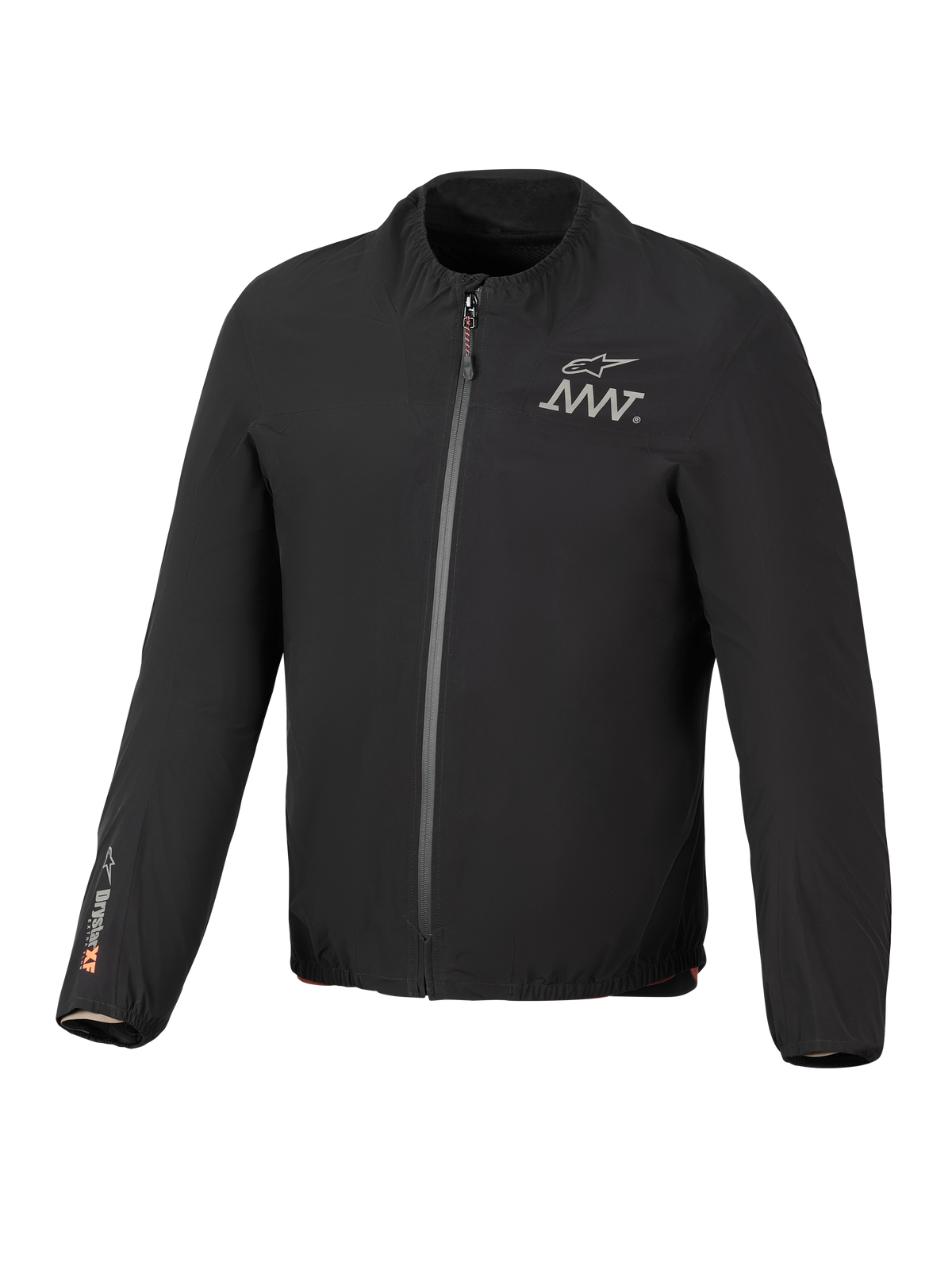 Alpinestars AMT-8 Stretch Drystar® XF Jacket Liner, sort, letvægts vandtæt strækjakke, lynlås foran, AMT-logo på brystet, Drystar® XF-branding på højre ærme, elastisk krave og manchetter.